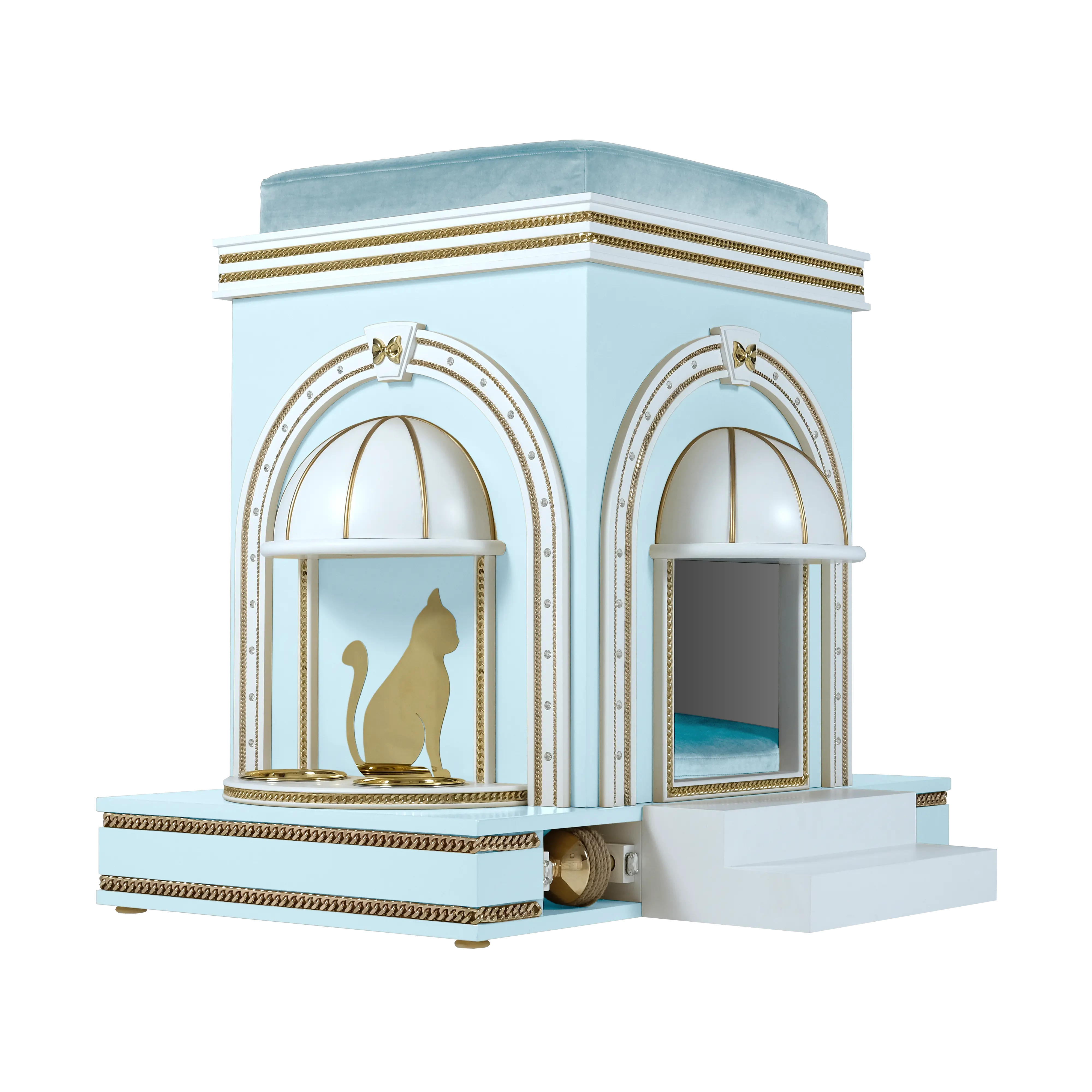 "Side profile of the COUNTESS modern designer pet mansion, highlighting the tamed structural lines and royal architectural furniture aesthetic."