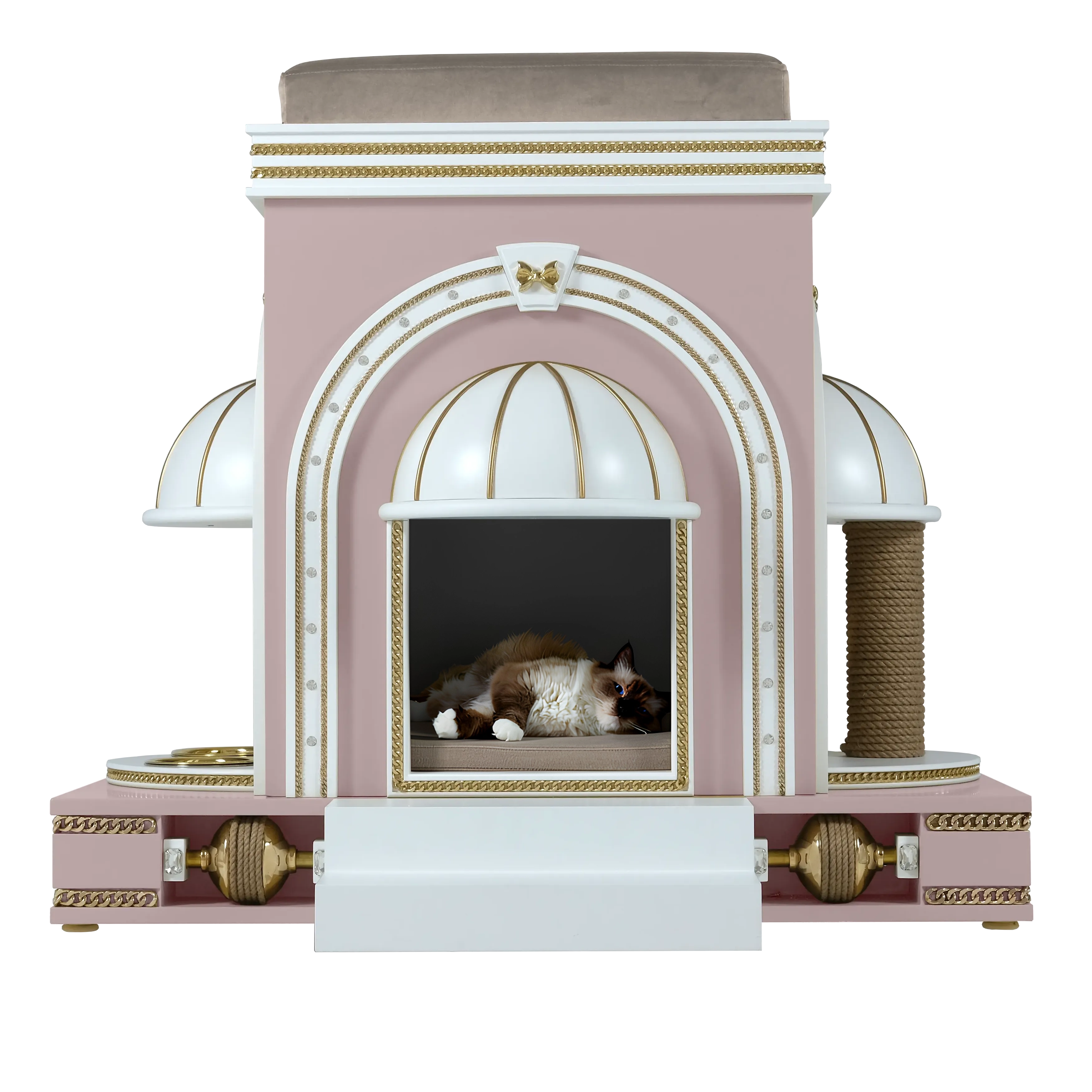 "A noble pet resting inside the CUDDLES love cat mansion, a designer sanctuary blending refined modern elegance with ultimate care."