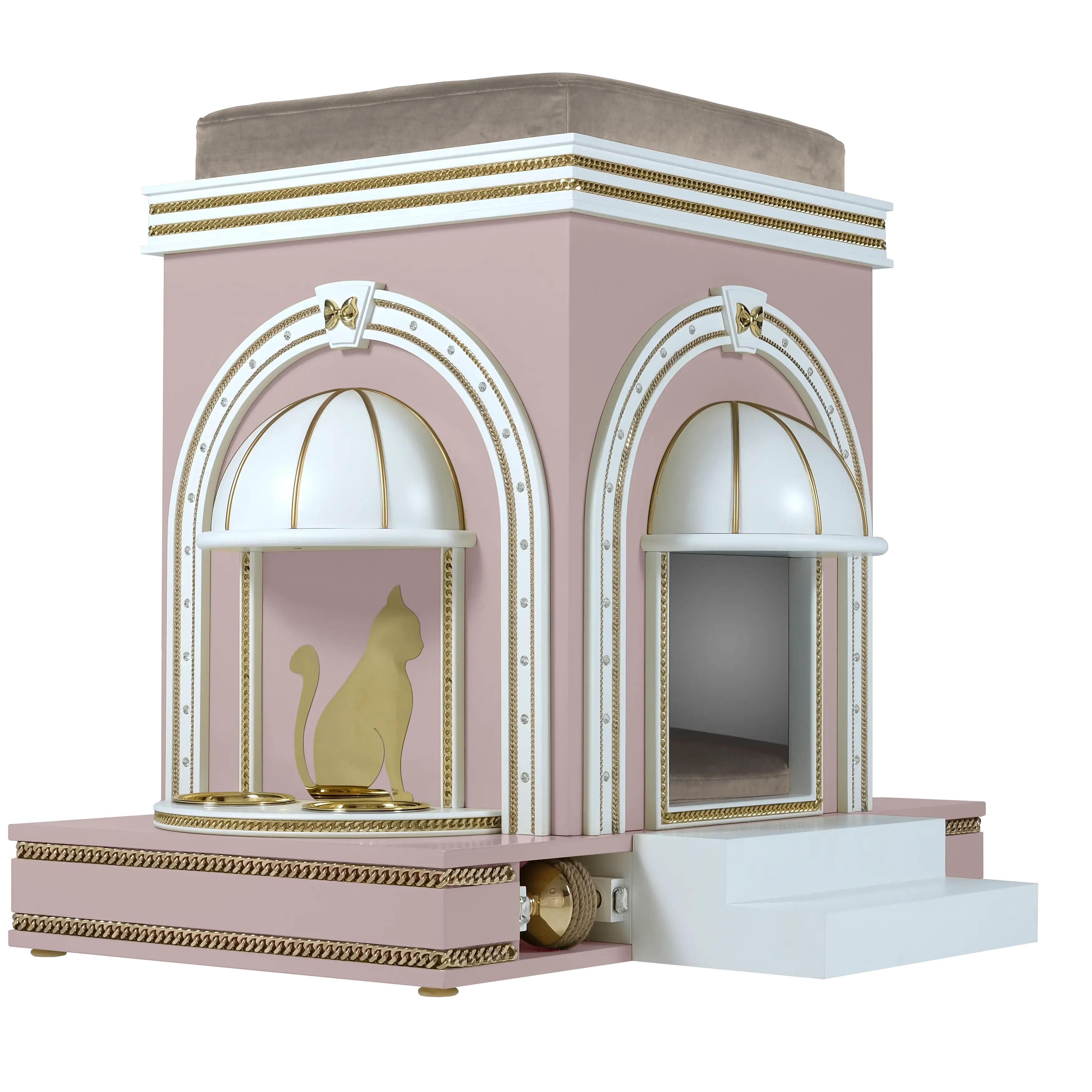 "Side profile of the CUDDLES modern designer pet mansion, highlighting the tamed structural lines and care-focused architectural furniture aesthetic."