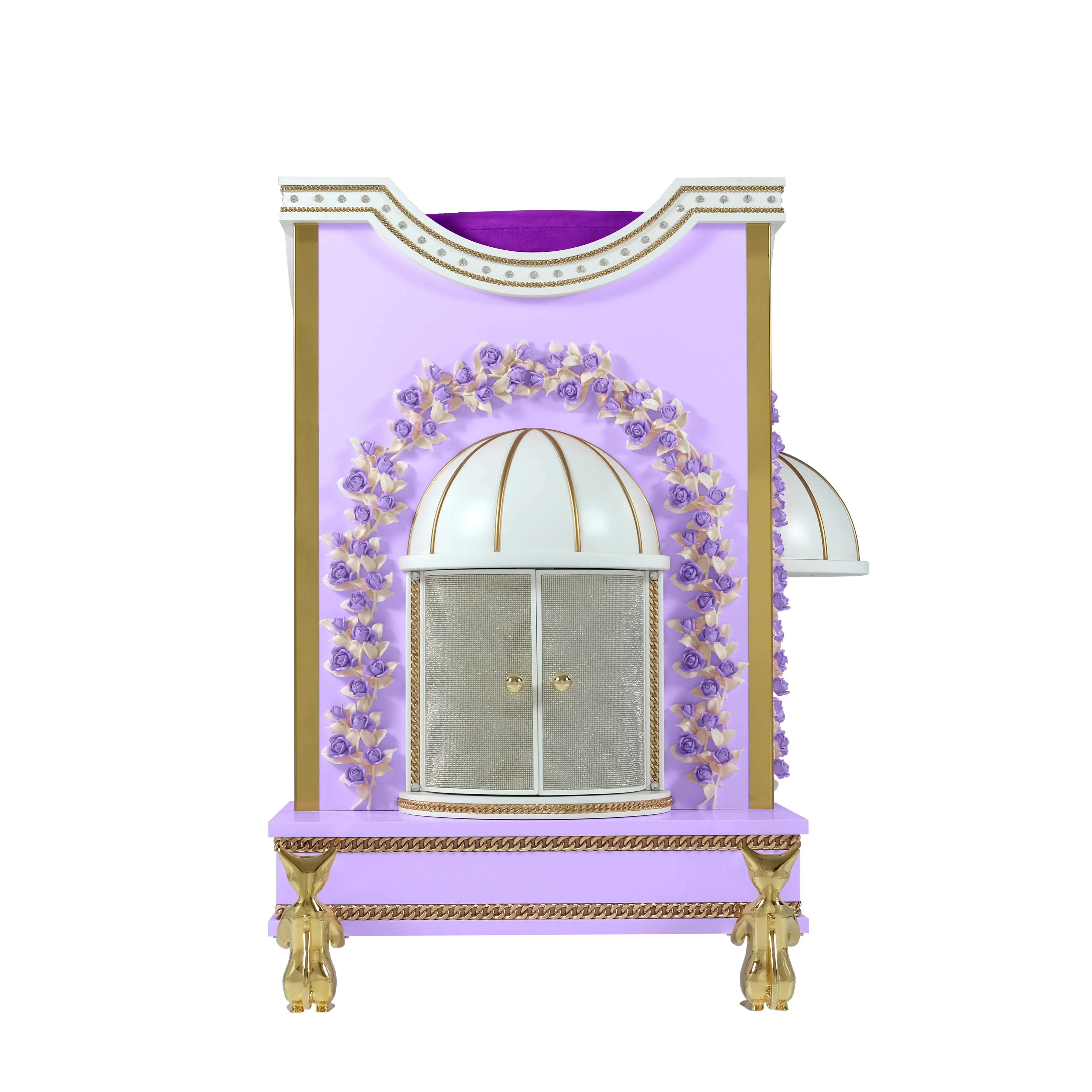 "Detail of the diamond crystal mesh sparkle on the DARLING couture pet sanctuary, emphasizing the elite brilliance of this bespoke designer bed."