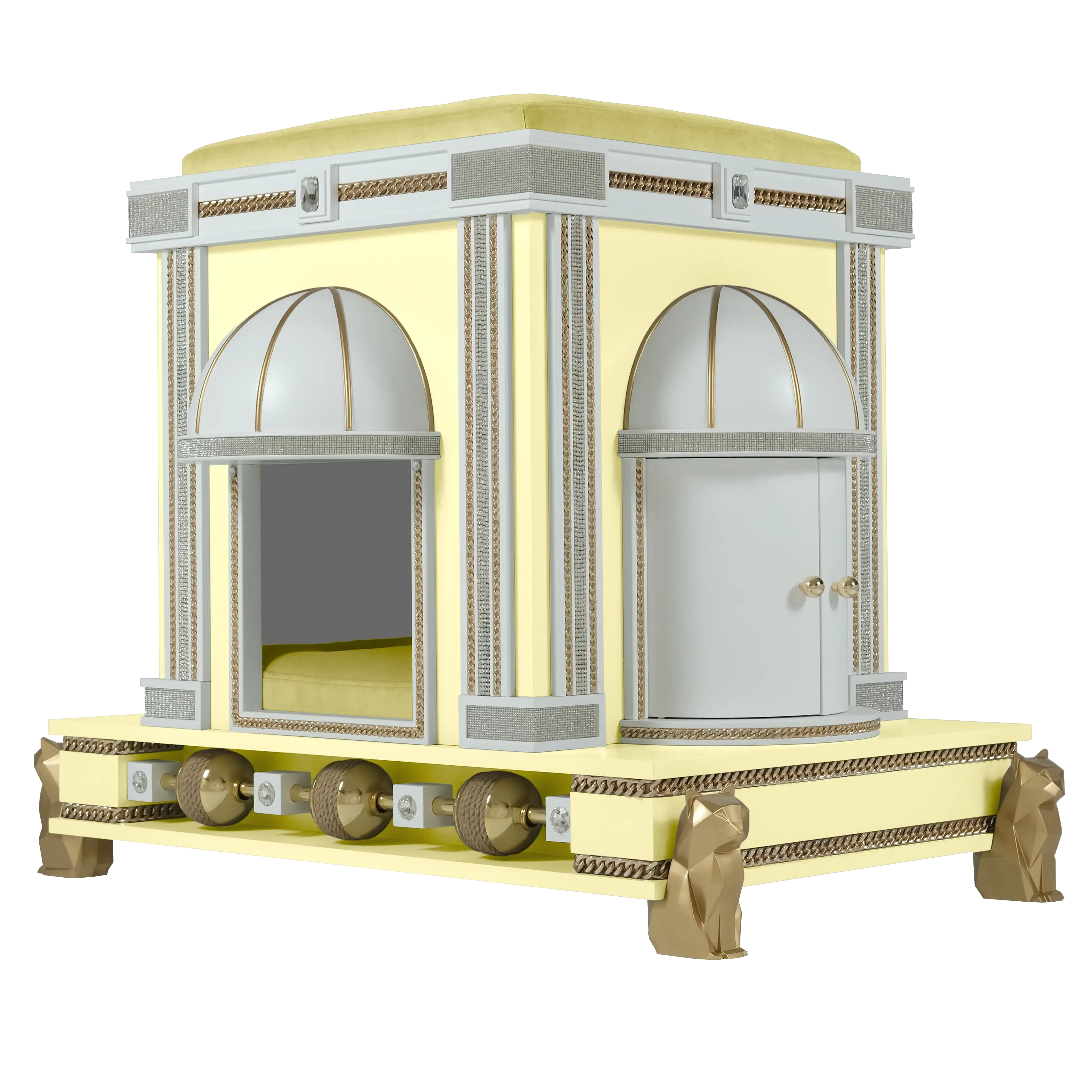 Side view of the Duchess modern designer cat house highlighting the elegant white pillars and royal pet palace construction.