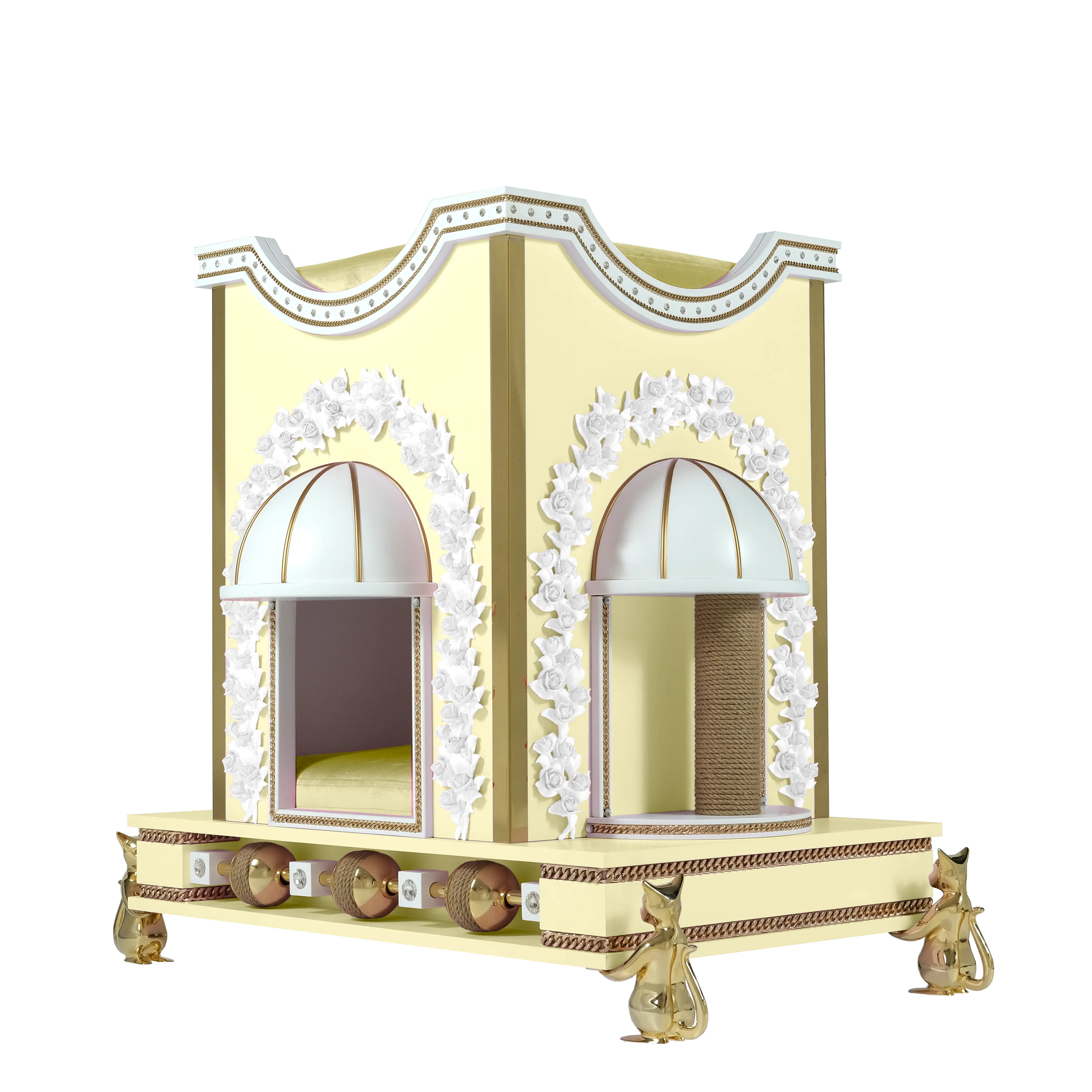 "Interior view of the ETERNITY pavilion featuring plush satin velvet luxury lining for a truly noble and exotic feline experience."