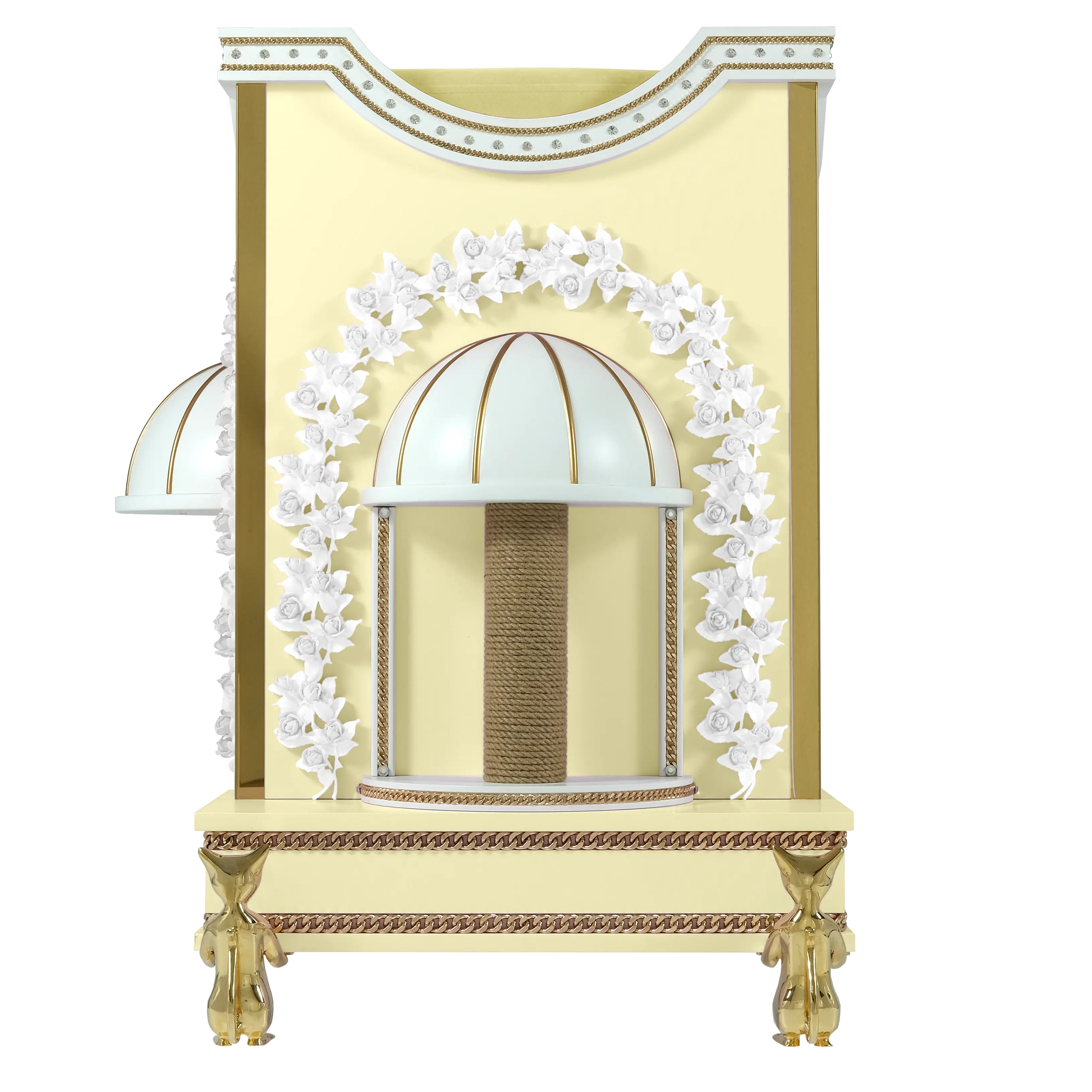 "Luxury sisal rope scratching post on the ETERNITY pavilion, where the wild instinct of the pet meets a timeless architectural masterpiece."