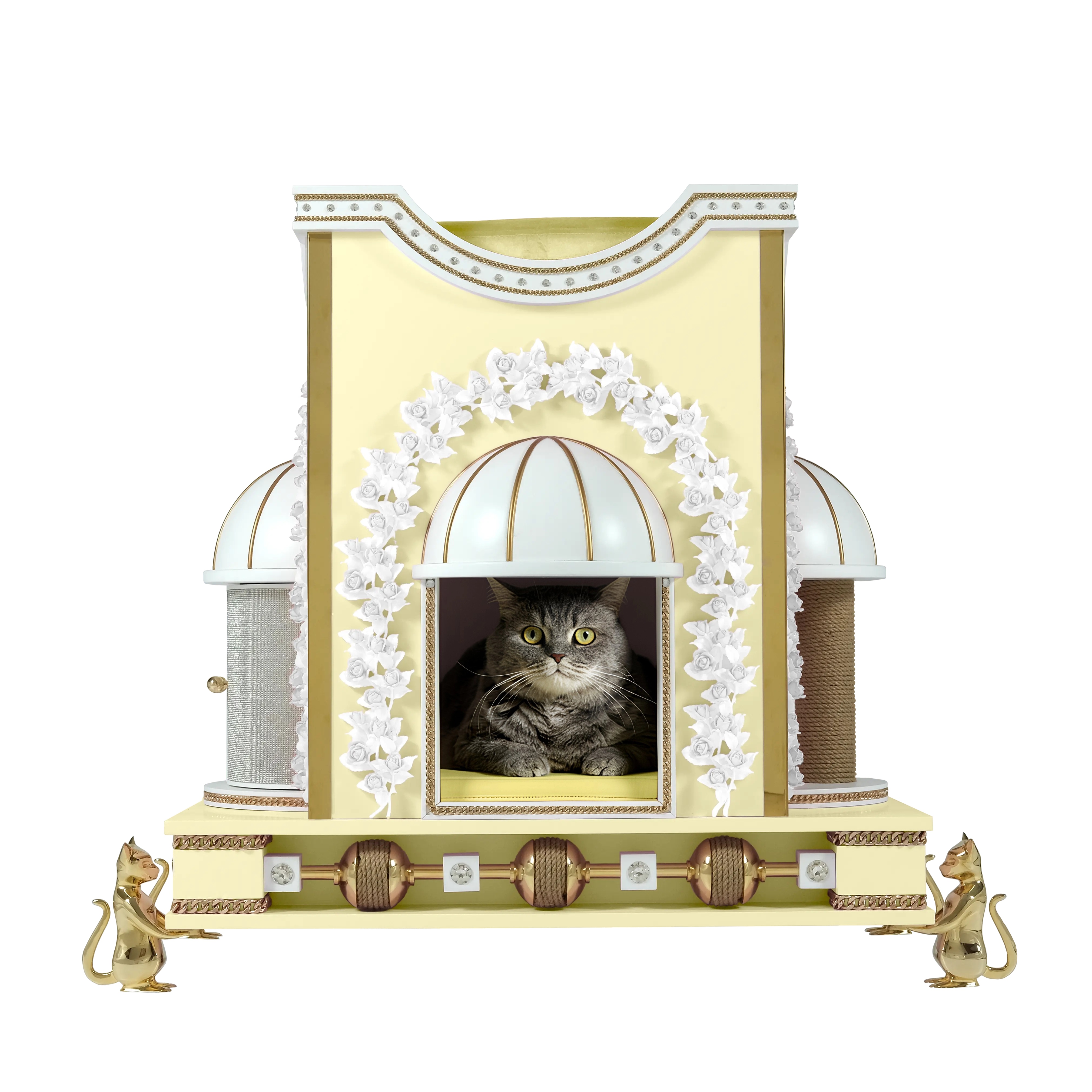 "An elegant front view of the ETERNITY timeless pet pavilion, an architectural luxury sanctuary blending refined modern elegance with a royal designer frame."