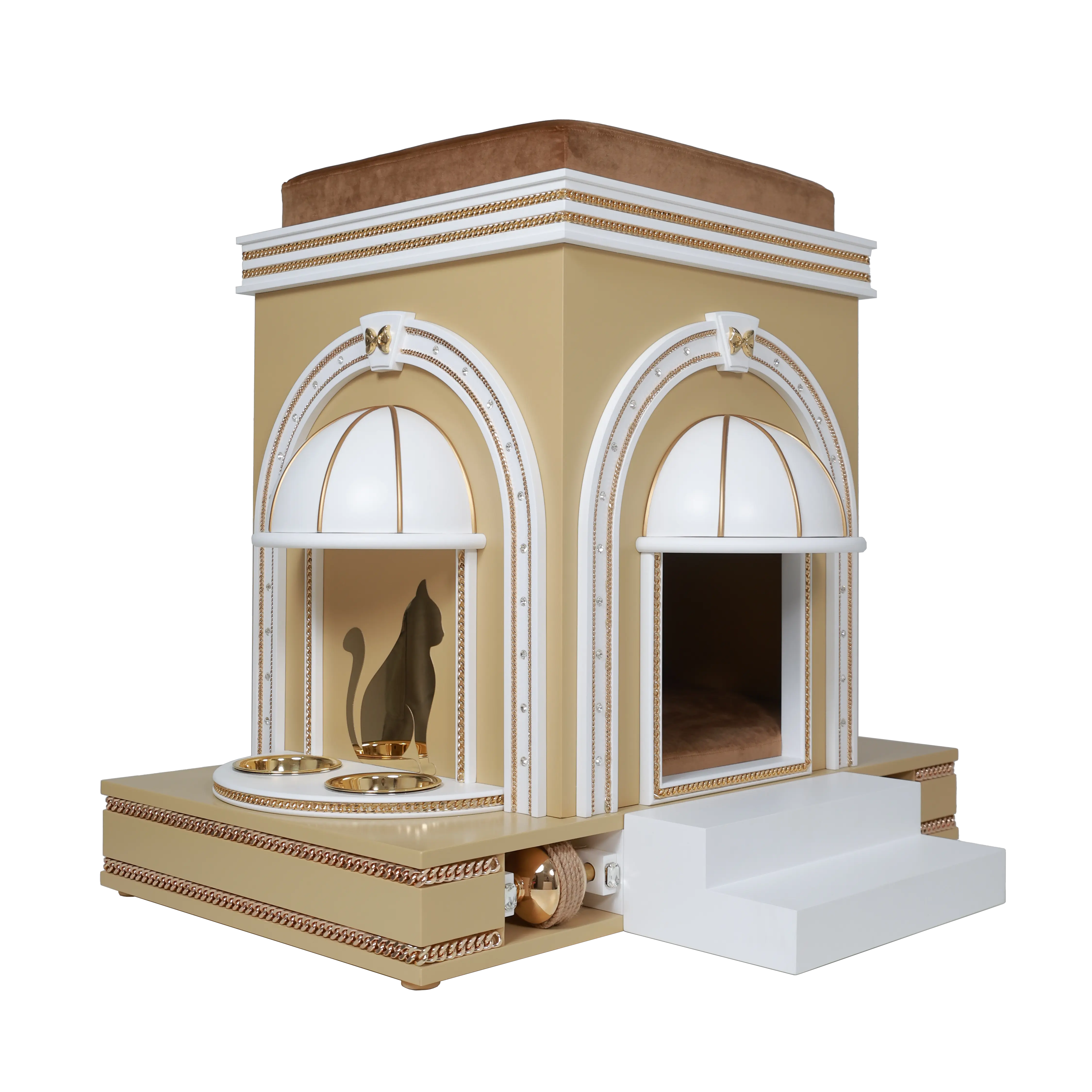 "Side profile of the GINGER modern designer cat mansion, highlighting the tamed structural lines and playful architectural furniture aesthetic."