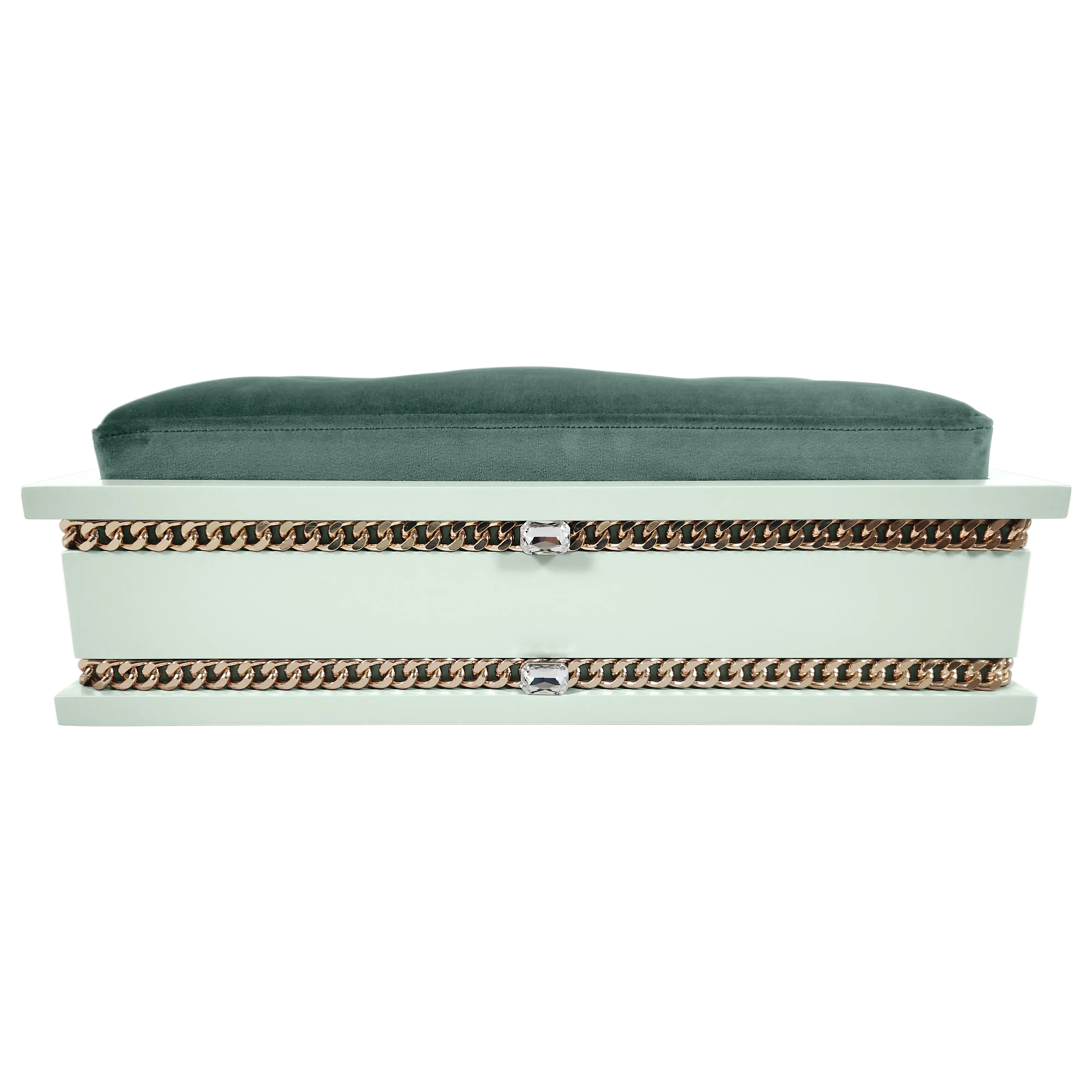 Close-up profile of FUROAR Ivy Medium pet throne showing crystal accents and expert workmanship