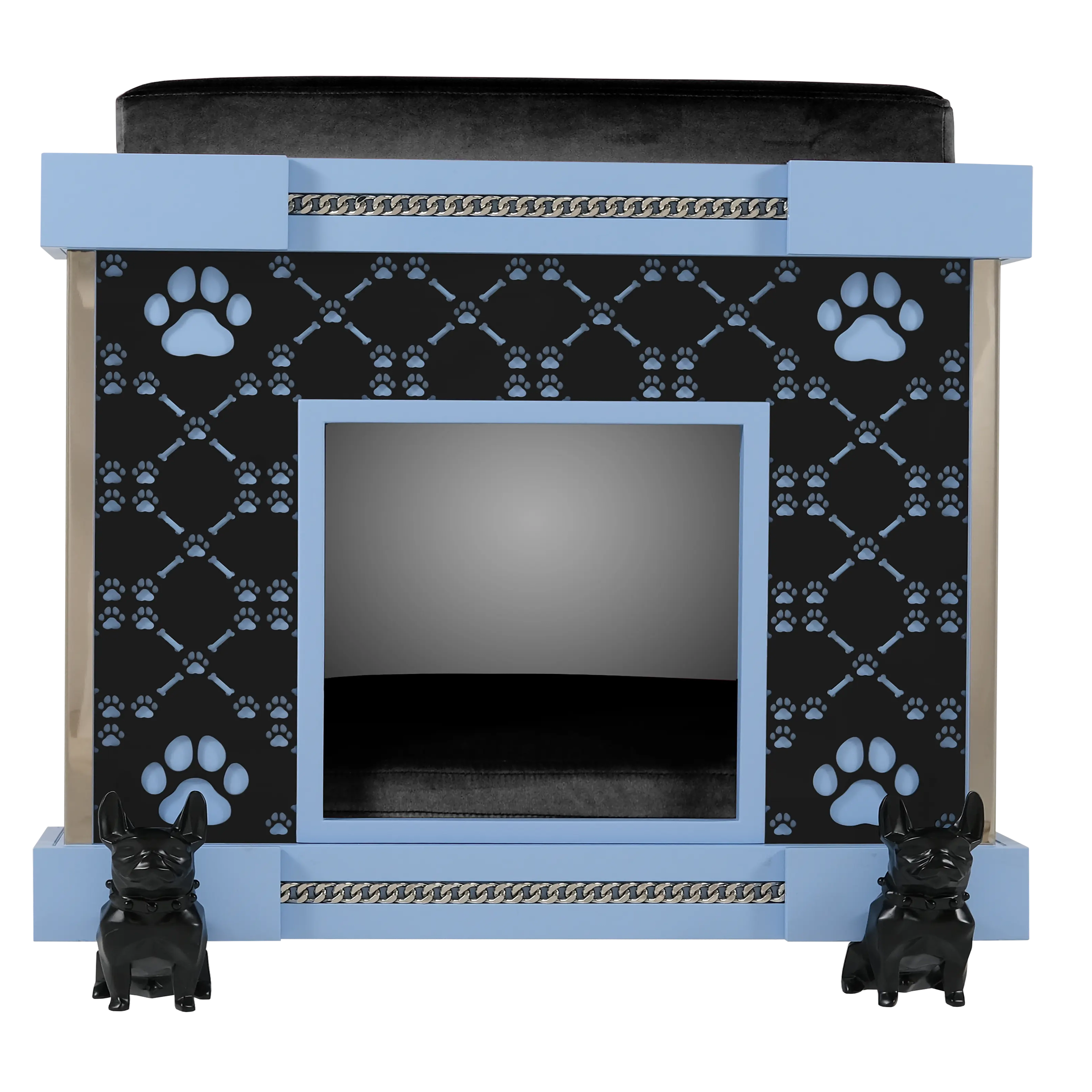 Signature facade on the Junior Executive puppy dog pet furniture kennel with Bulldog casters.