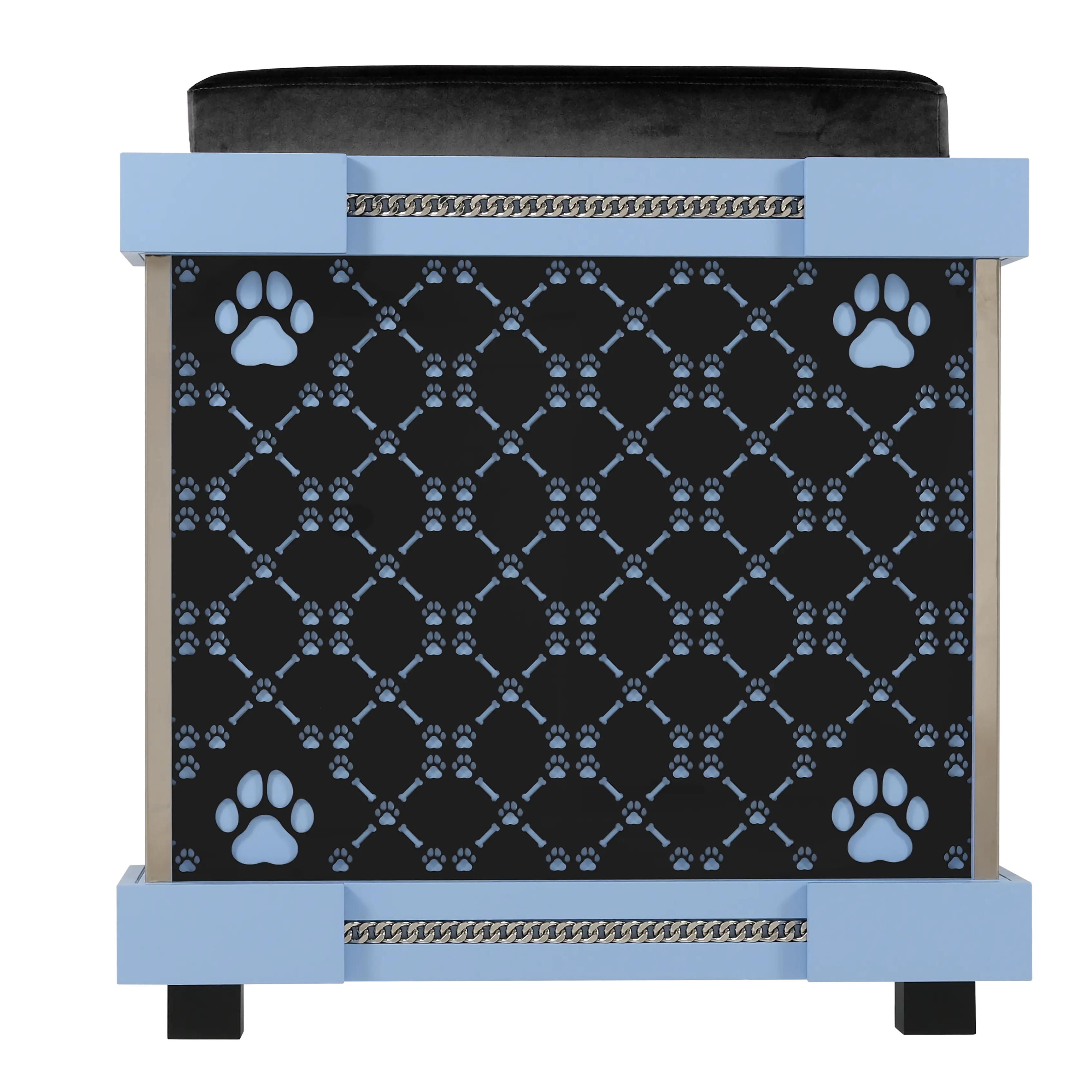 Rear view of the Junior Executive Medium puppy dog pet furniture kennel house with patterned walls.