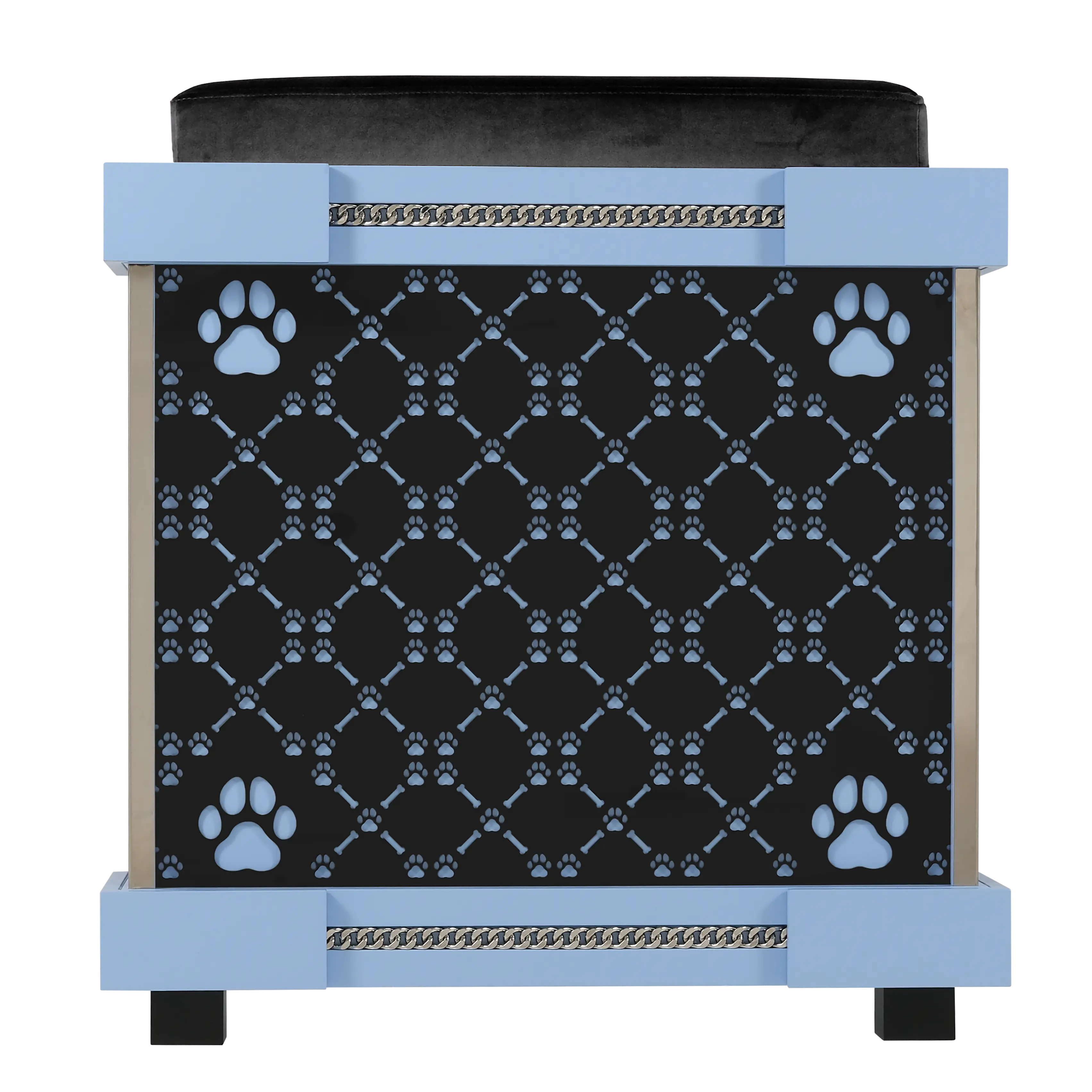 Rear view of the Junior celebrity puppy kennel house showcasing the signature patterned walls.