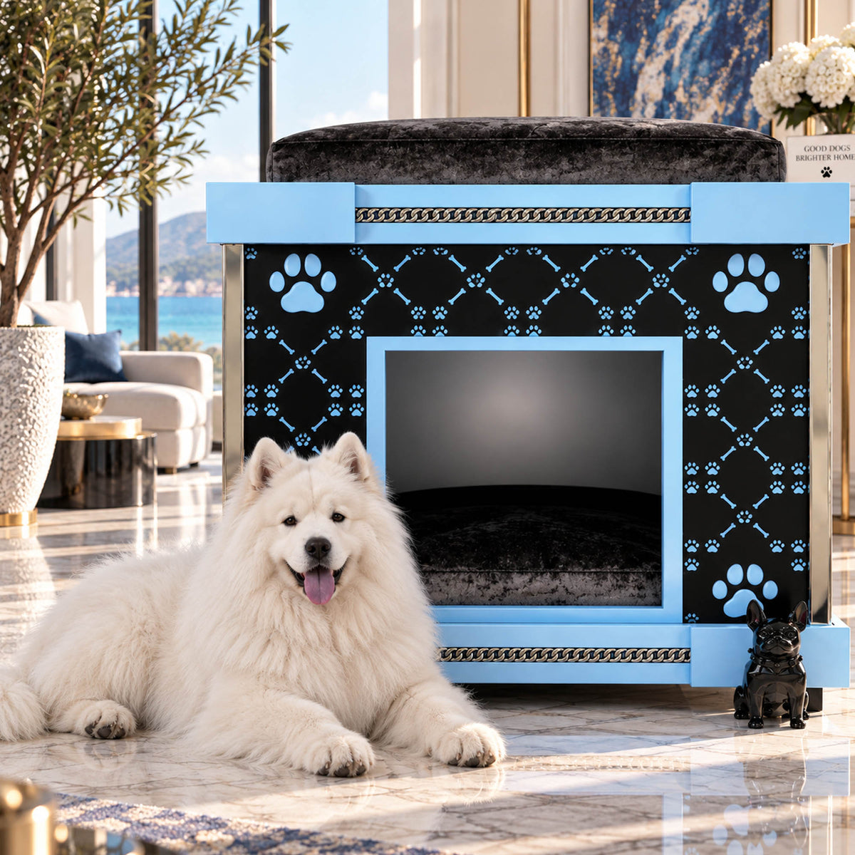 A fluffy white Samoyed dog lies on a marble floor in front of a blue and black decorative pet bed with paw prints, in a modern living room setting.