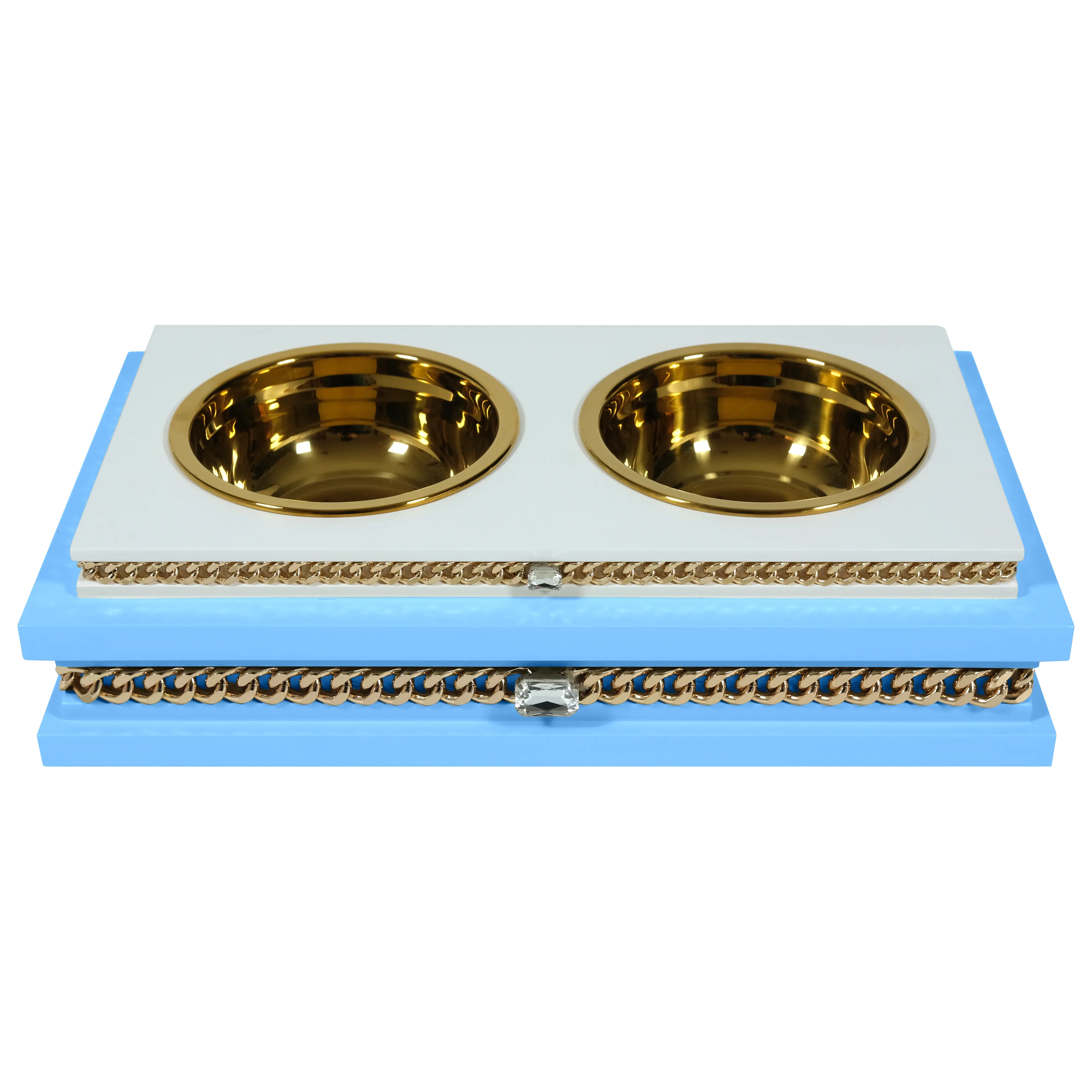 "Modern fashion FUROAR Lucky Double Diner, a luxury jewelry-grade pet food dining station with gold stainless steel bowls."