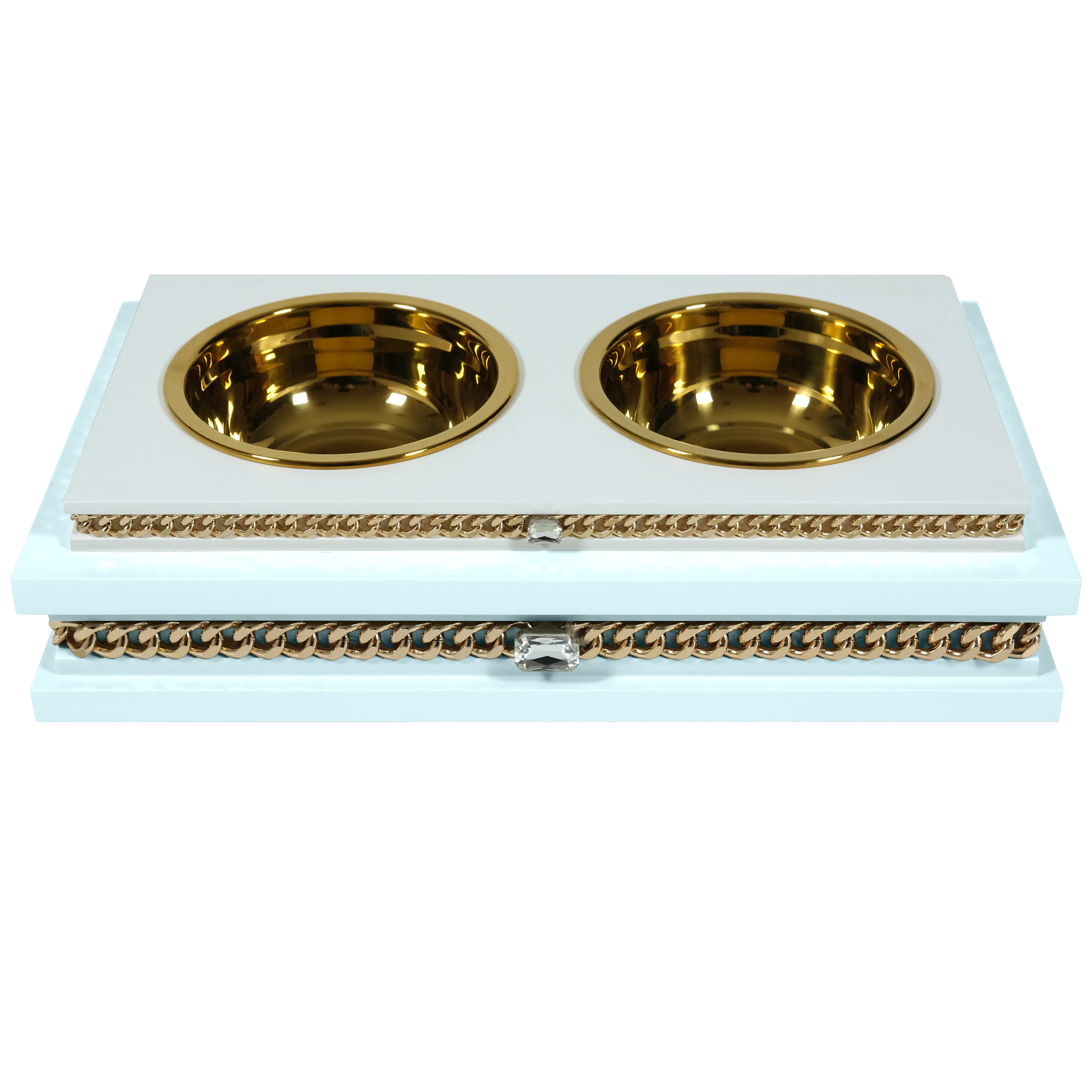 "Modern fashion FUROAR Milo Double Diner, a luxury jewelry-grade pet food dining station with gold stainless steel bowls."