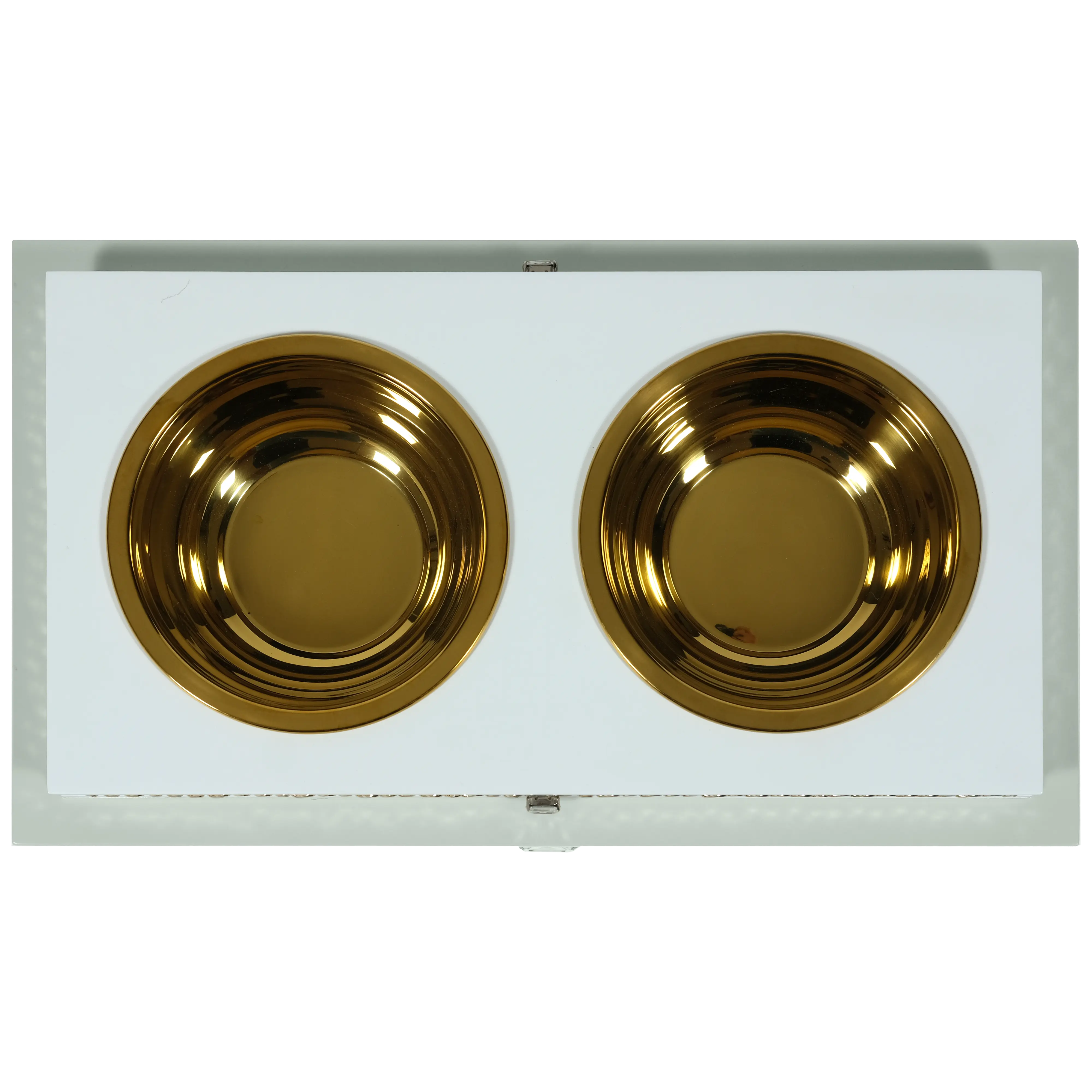 "Top view of the FUROAR Minsky Double Diner showcasing removable gold stainless steel bowls and a protective dual-layer system."