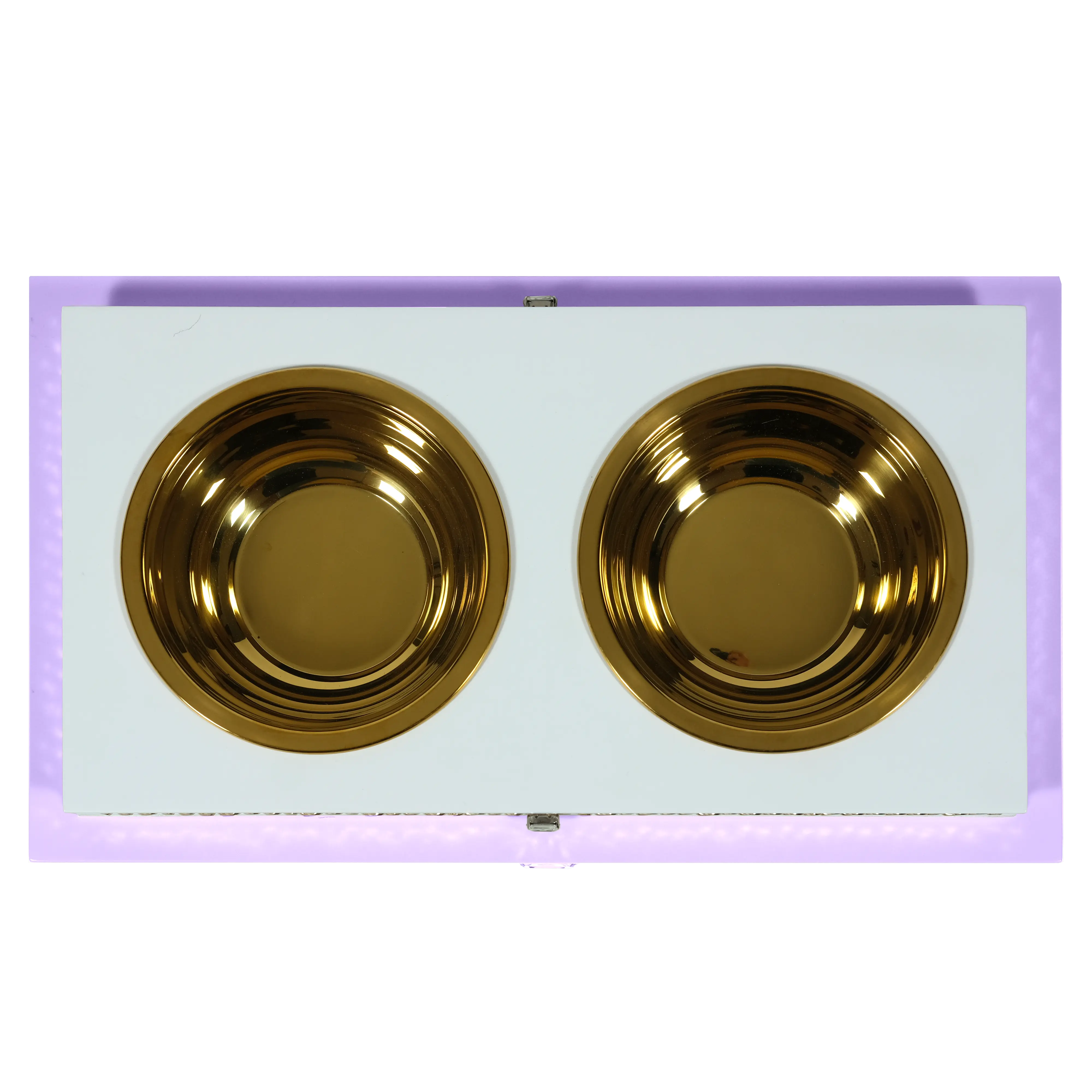 "Top view of the FUROAR Pixie Double Diner showcasing removable gold stainless steel bowls and a protective dual-layer system."