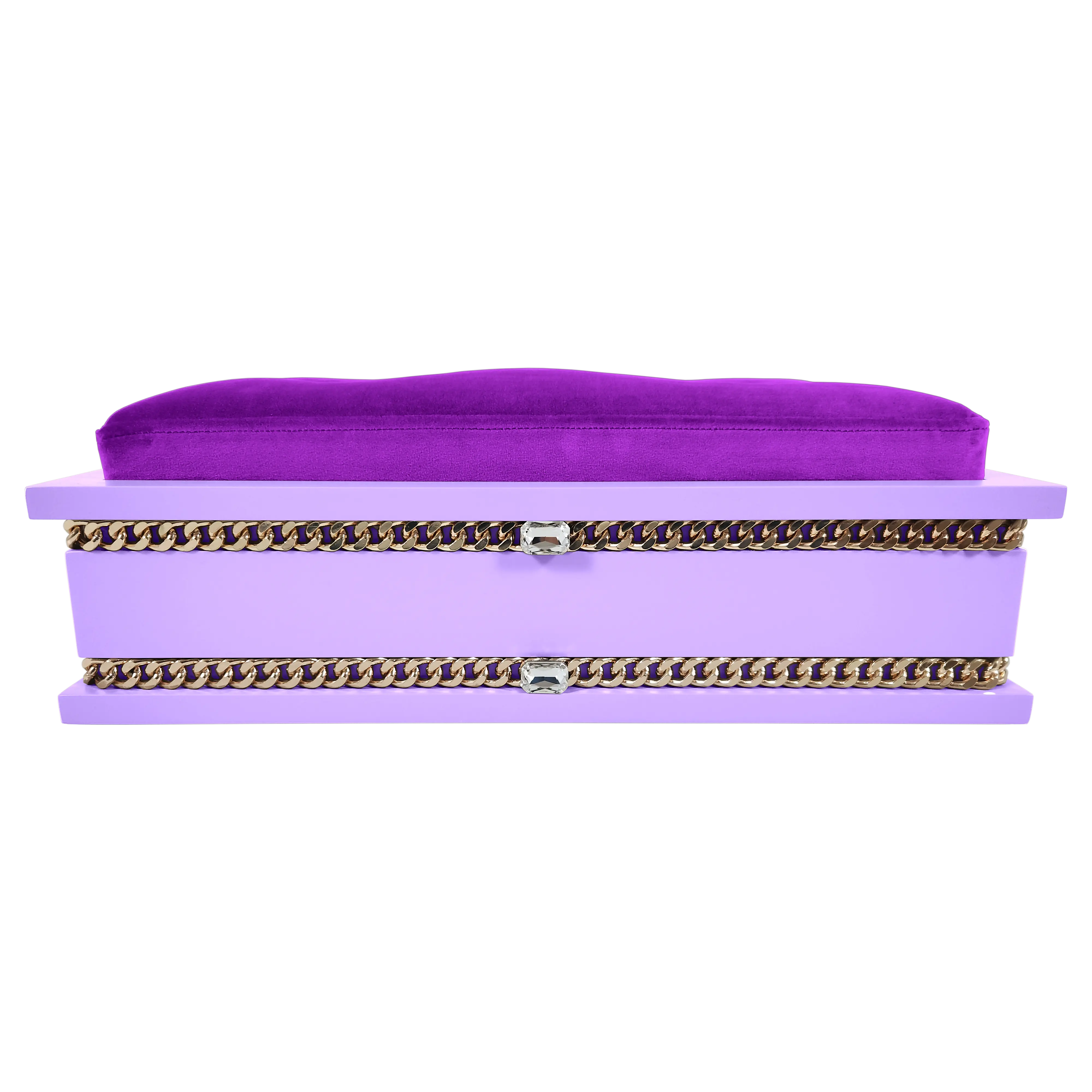 Close-up profile of FUROAR Plum Small pet throne showing crystal accents and expert workmanship