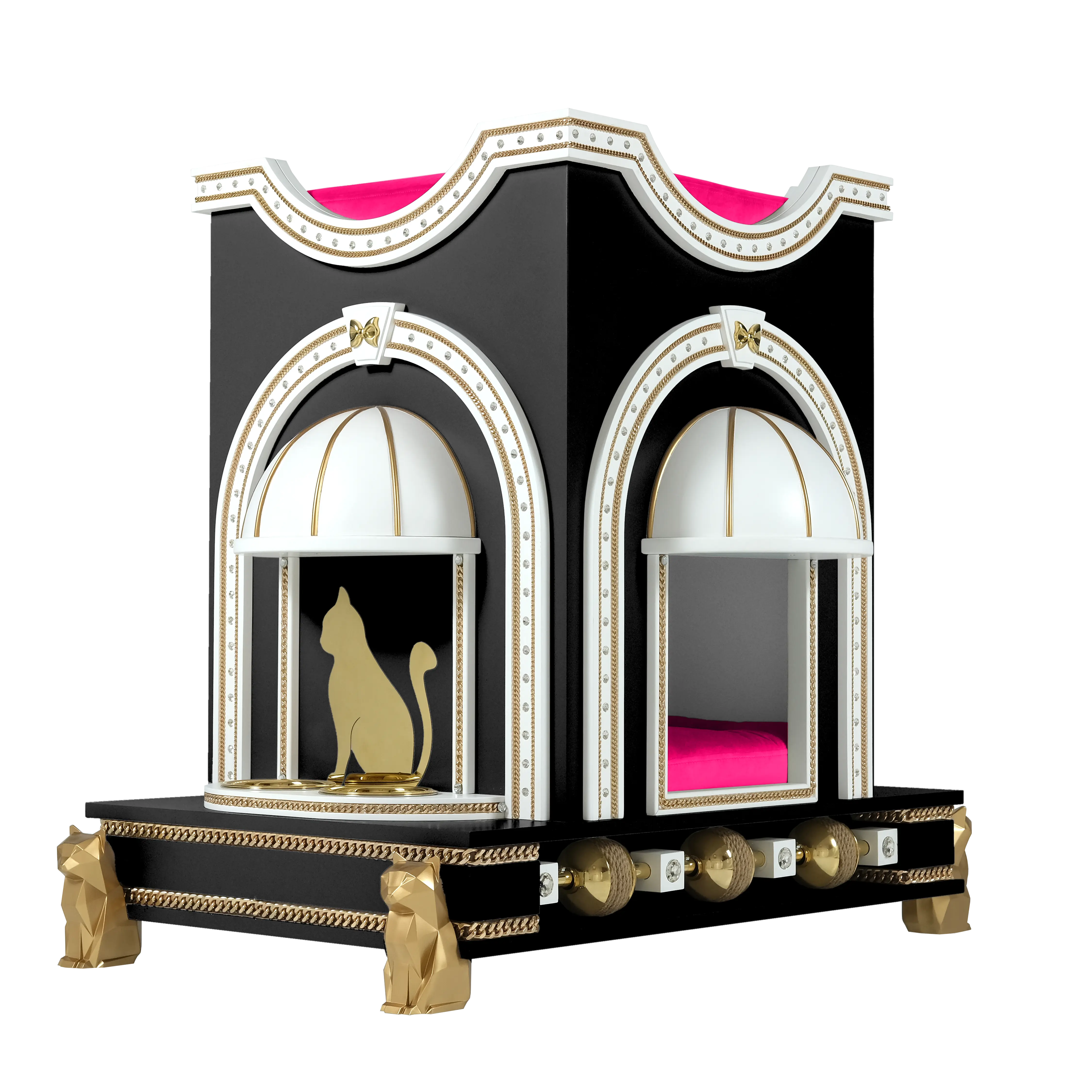 "Side profile of POSHY high-end cat furniture, highlighting the spectacular structural design and the tamed elegance of a couture sanctuary."