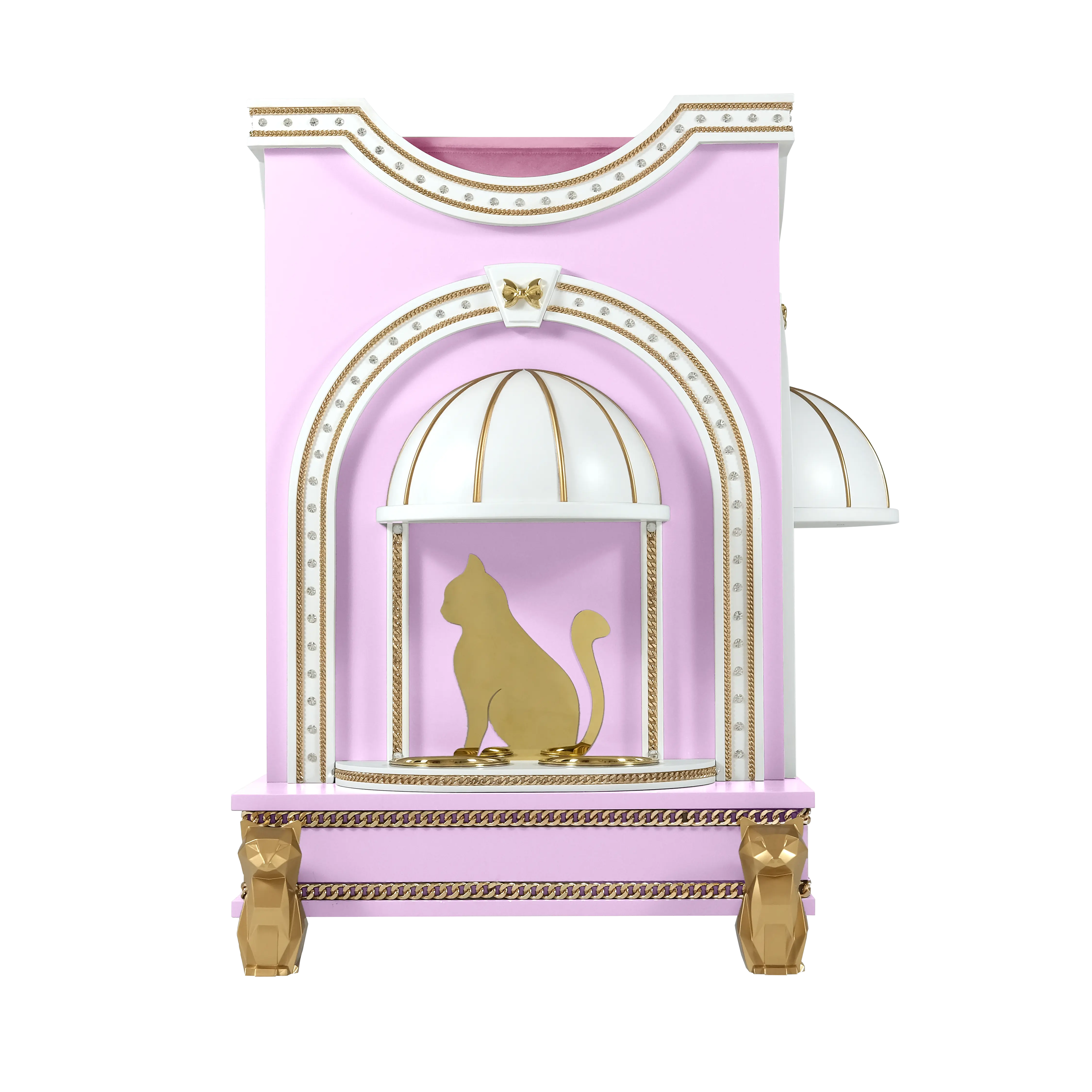 "The PRECIOUS cat house featuring built-in dining bowls, integrating functional convenience into an ultra-modern luxury design."