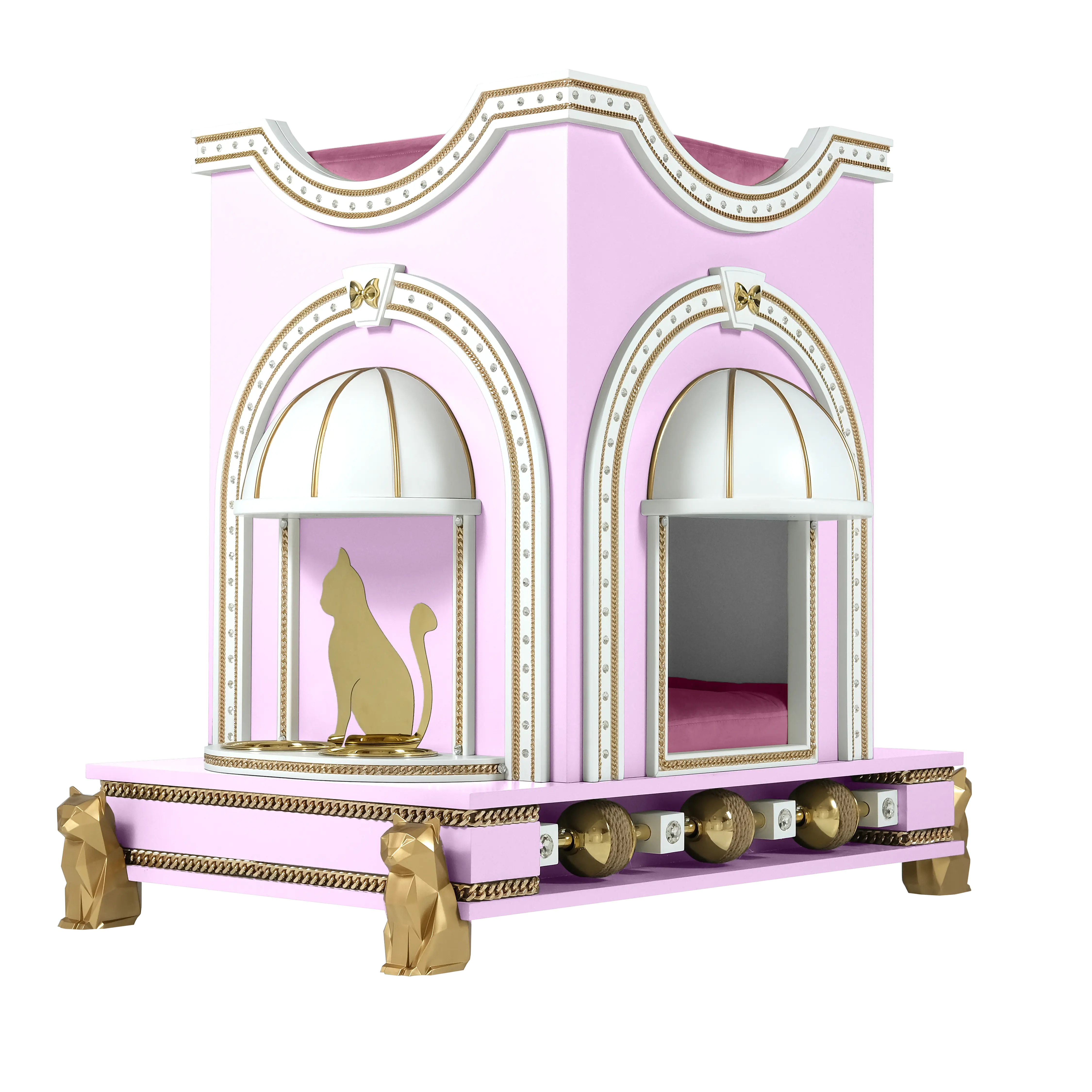 "Side profile of PRECIOUS elegant pet furniture, highlighting the tamed structural lines and high-end modern aesthetic."