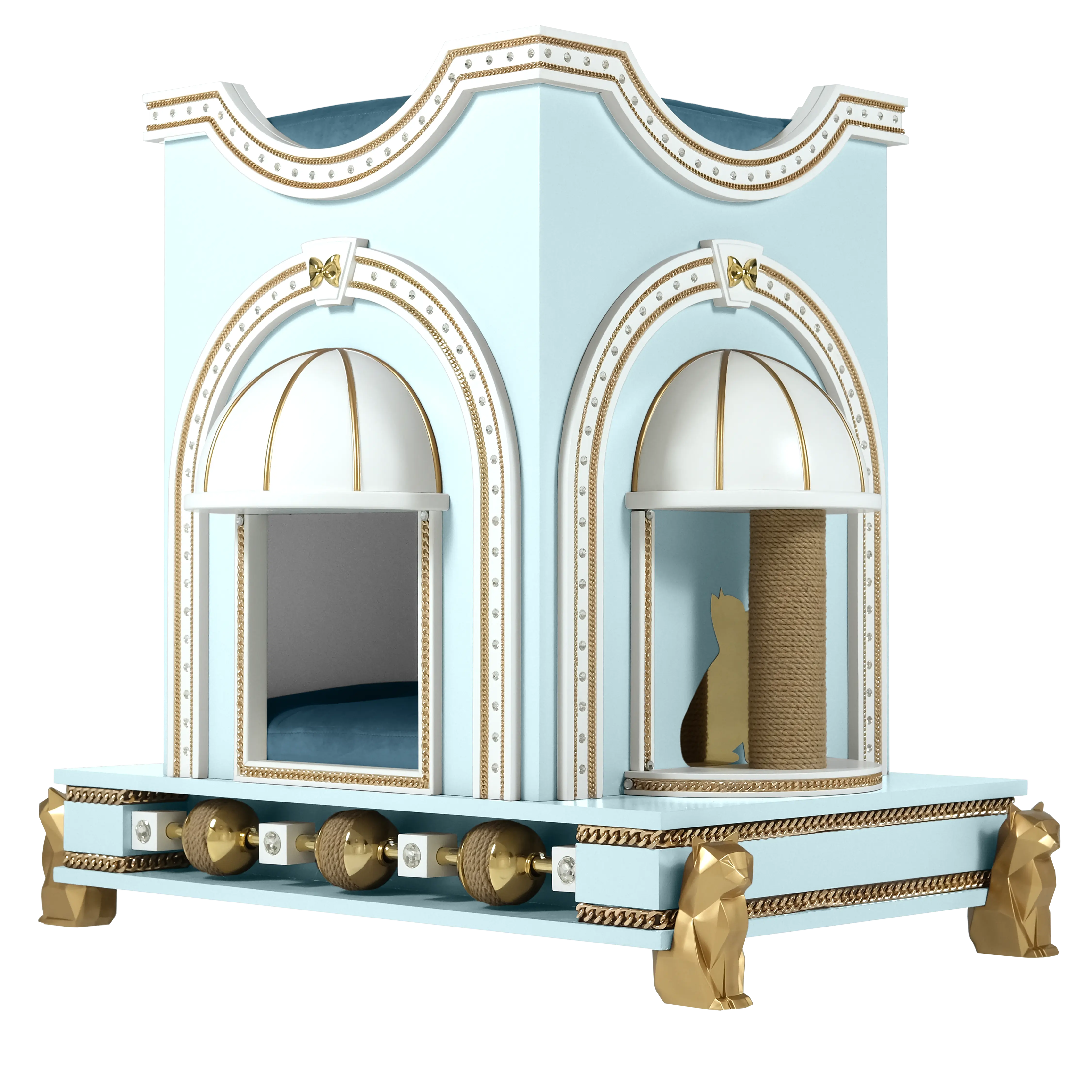 "Detail of the PRINCIE gold rotating spheres and premium velvet cushion, showcasing the exotic designer touch of this unique cat house."