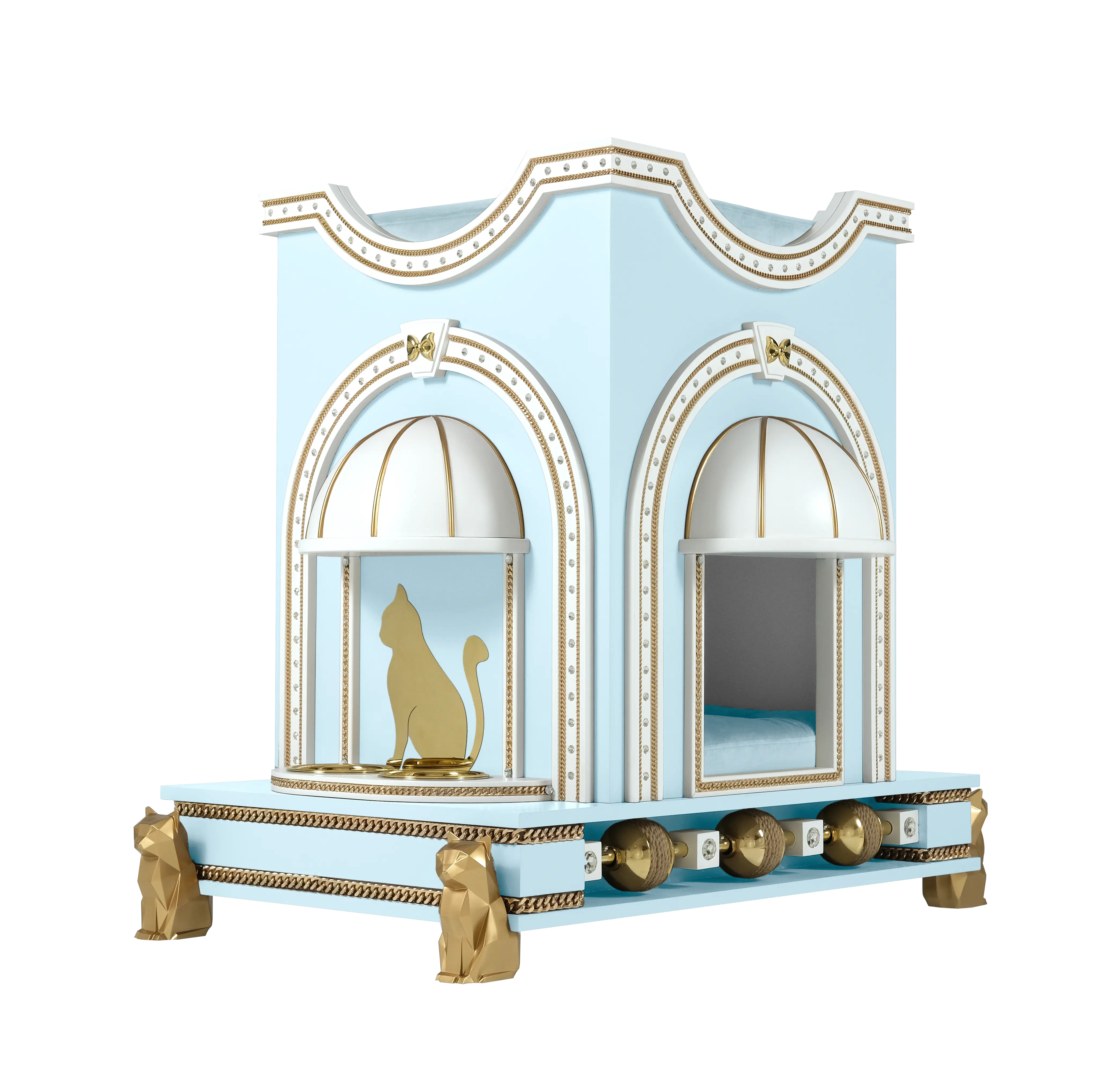 "Side profile of REGINA aesthetic pet furniture, highlighting the tamed structural lines and ultra-modern luxury aesthetic."