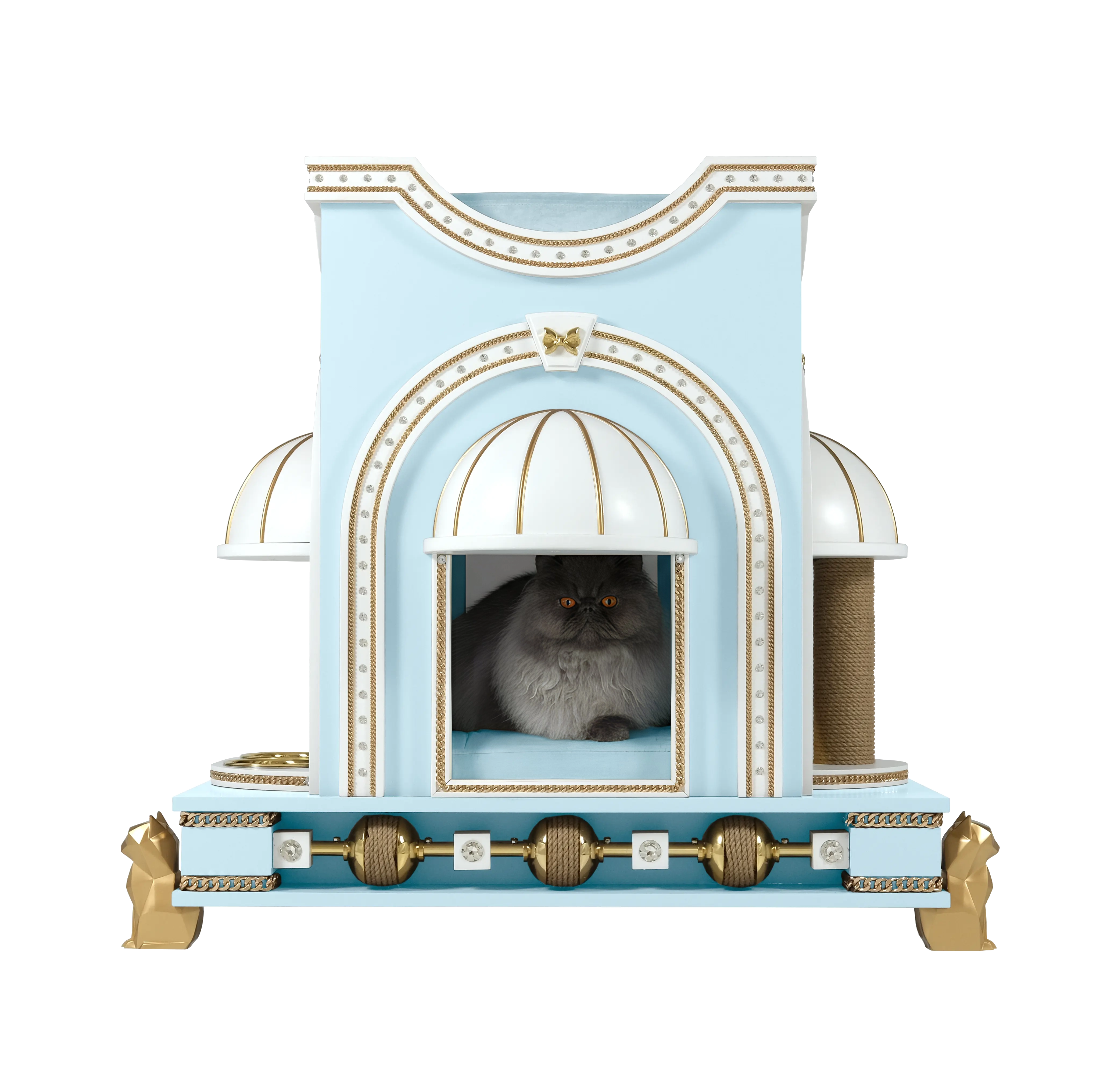 "A noble cat resting inside the REGINA regal luxury cat house, a royal designer sanctuary blending refined modern elegance with a queenly architectural silhouette."