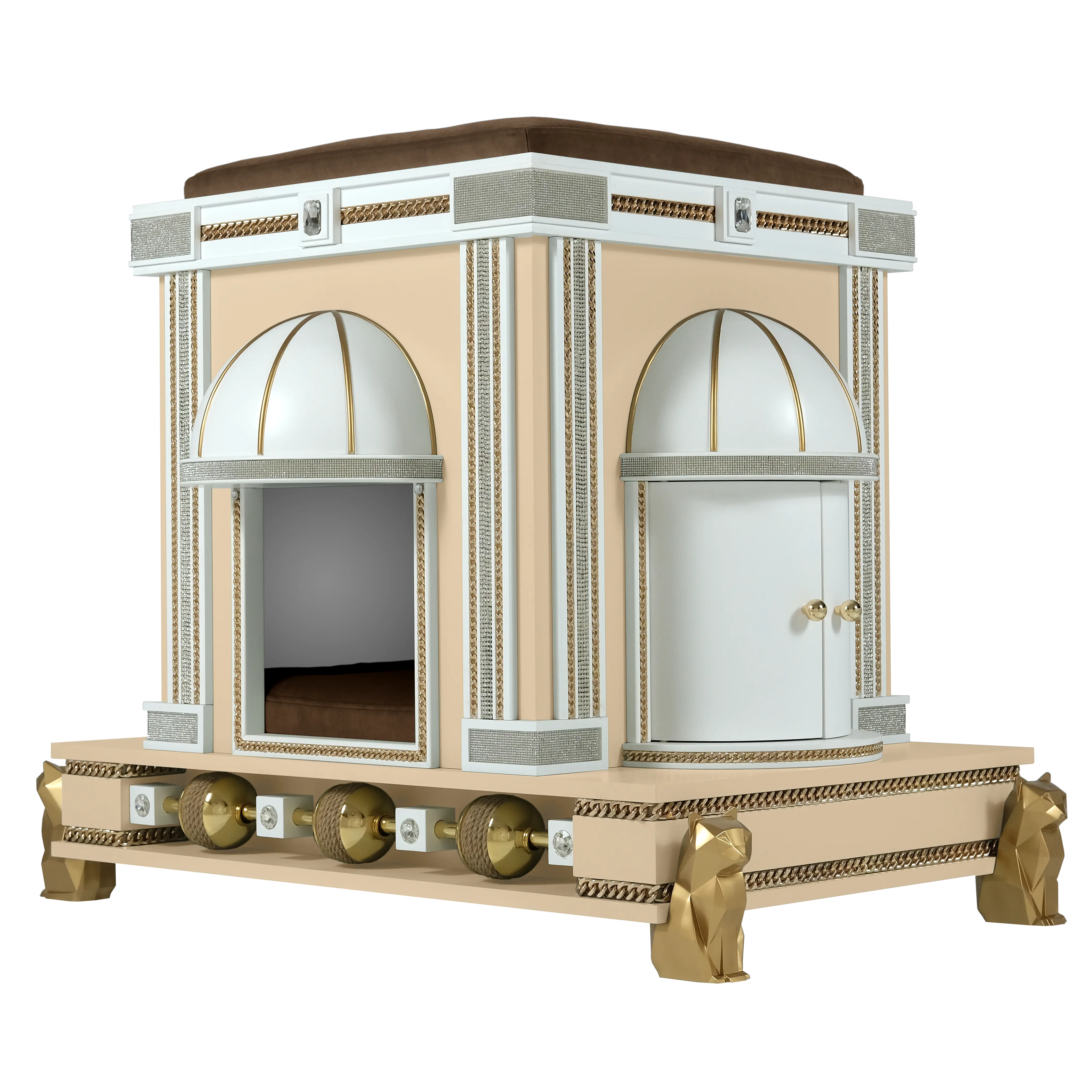 Side profile of the Rockstar designer cat house showcasing columns adorned with crystal embellishments and polished gold.