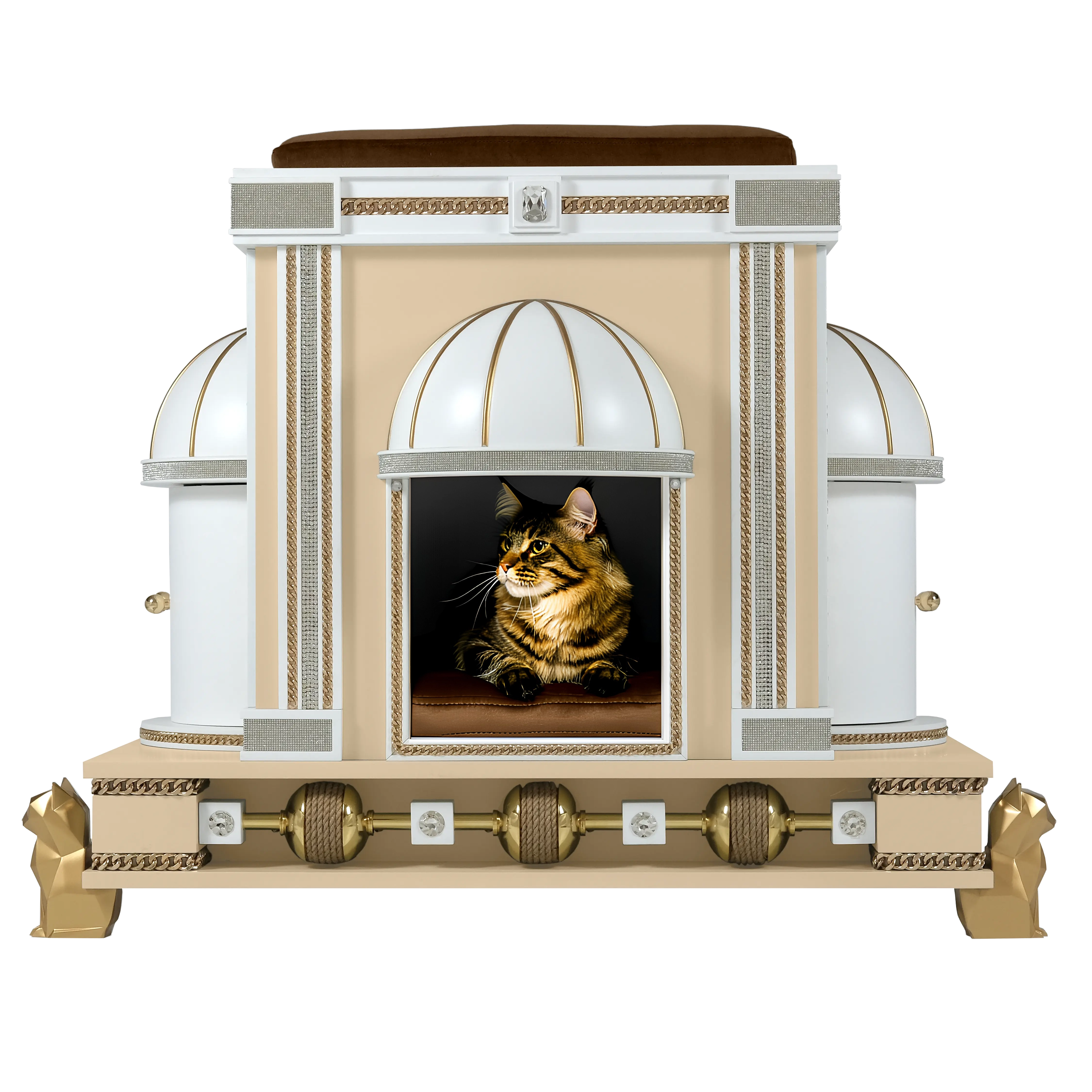 A pet palace fit for a Rockstar, this designer cat house features a magnificent gold frame and royal architectural dome.