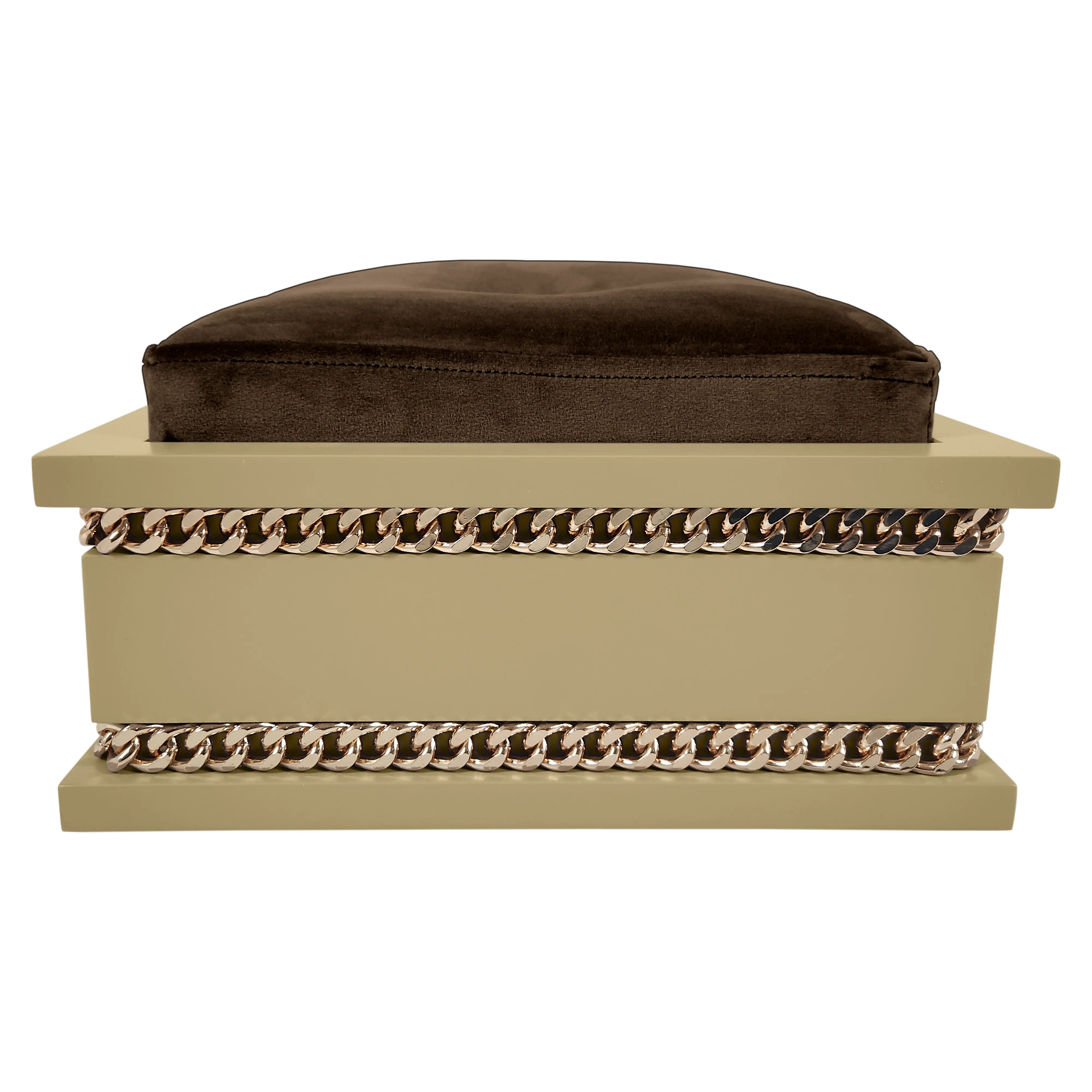 Back view of FUROAR Rocky Medium designer pet bed highlighting the gold chain detailing
