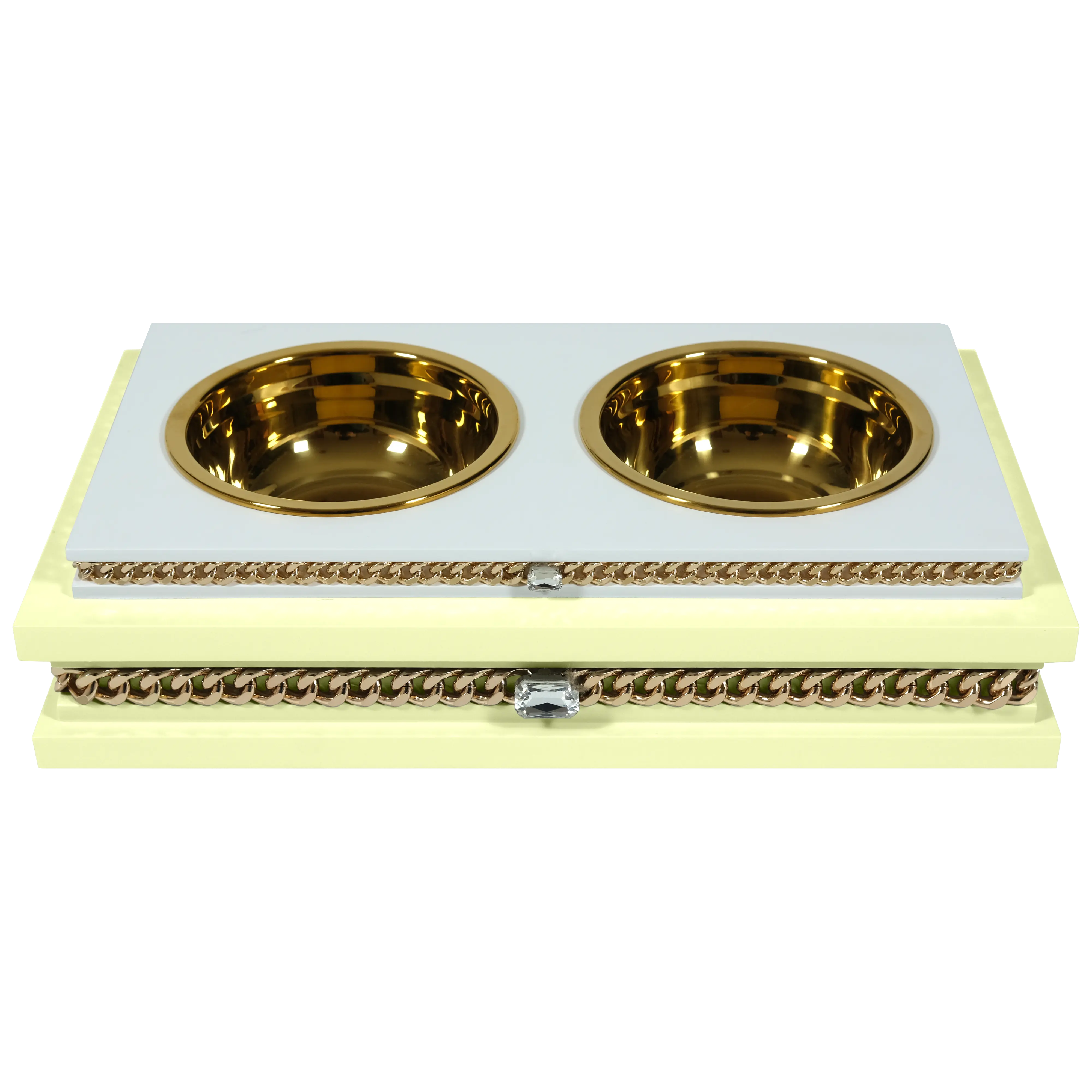 "Modern fashion FUROAR Sisi Double Diner, a luxury jewelry-grade pet food dining station with gold stainless steel bowls."
