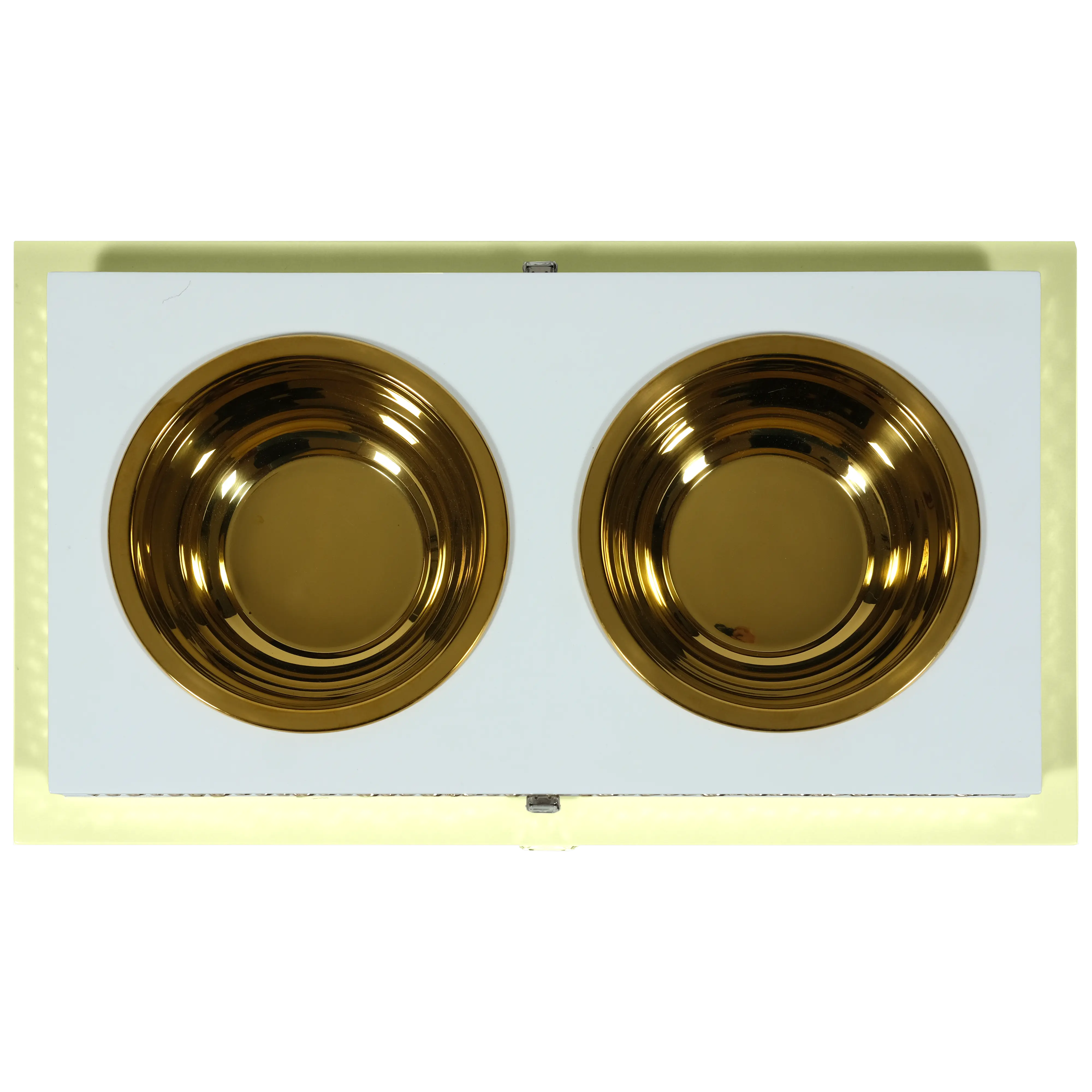 "Top view of the FUROAR Sisi Double Diner showcasing removable gold stainless steel bowls and a protective dual-layer system."