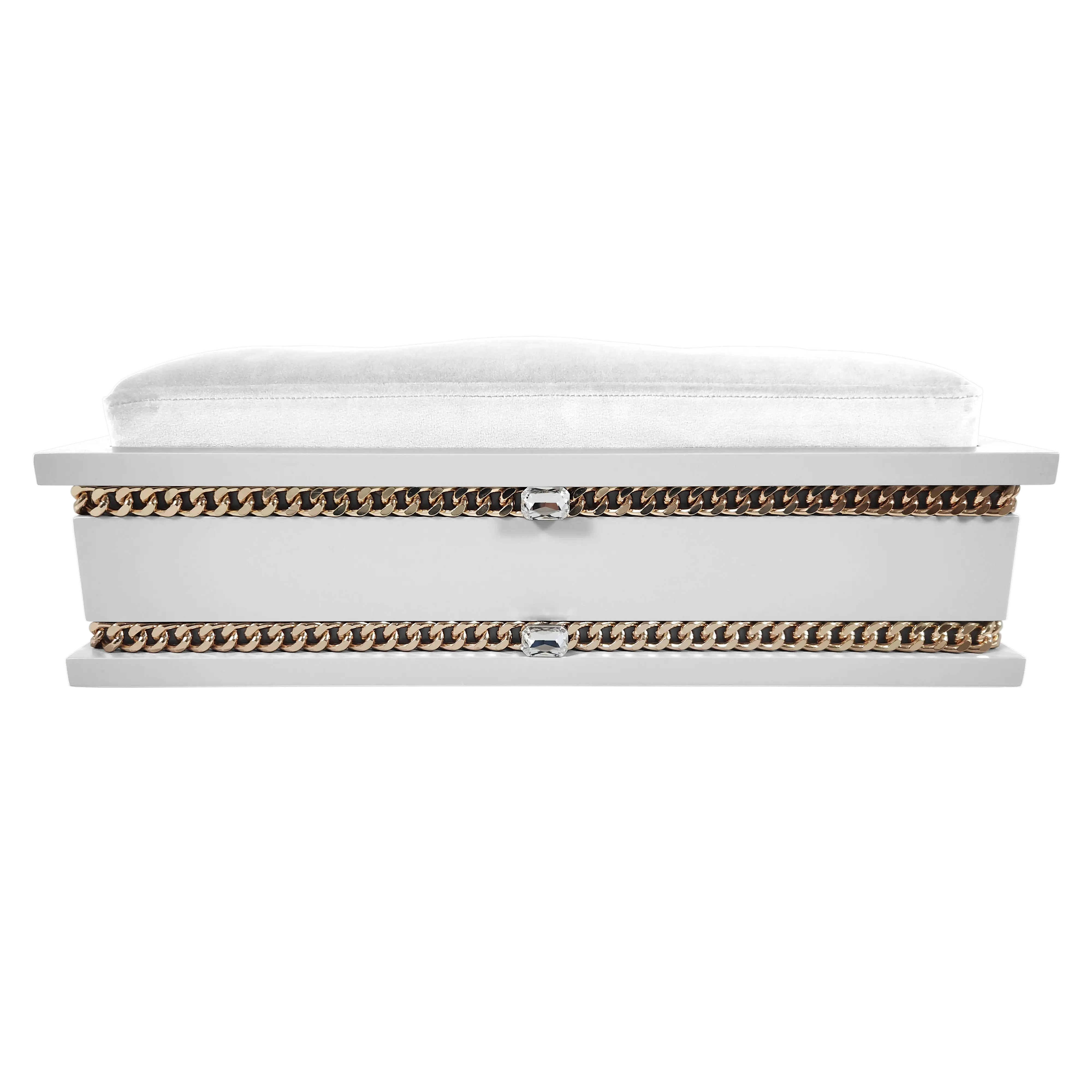 Close-up profile of FUROAR Snow Small pet throne showing crystal accents and expert workmanship