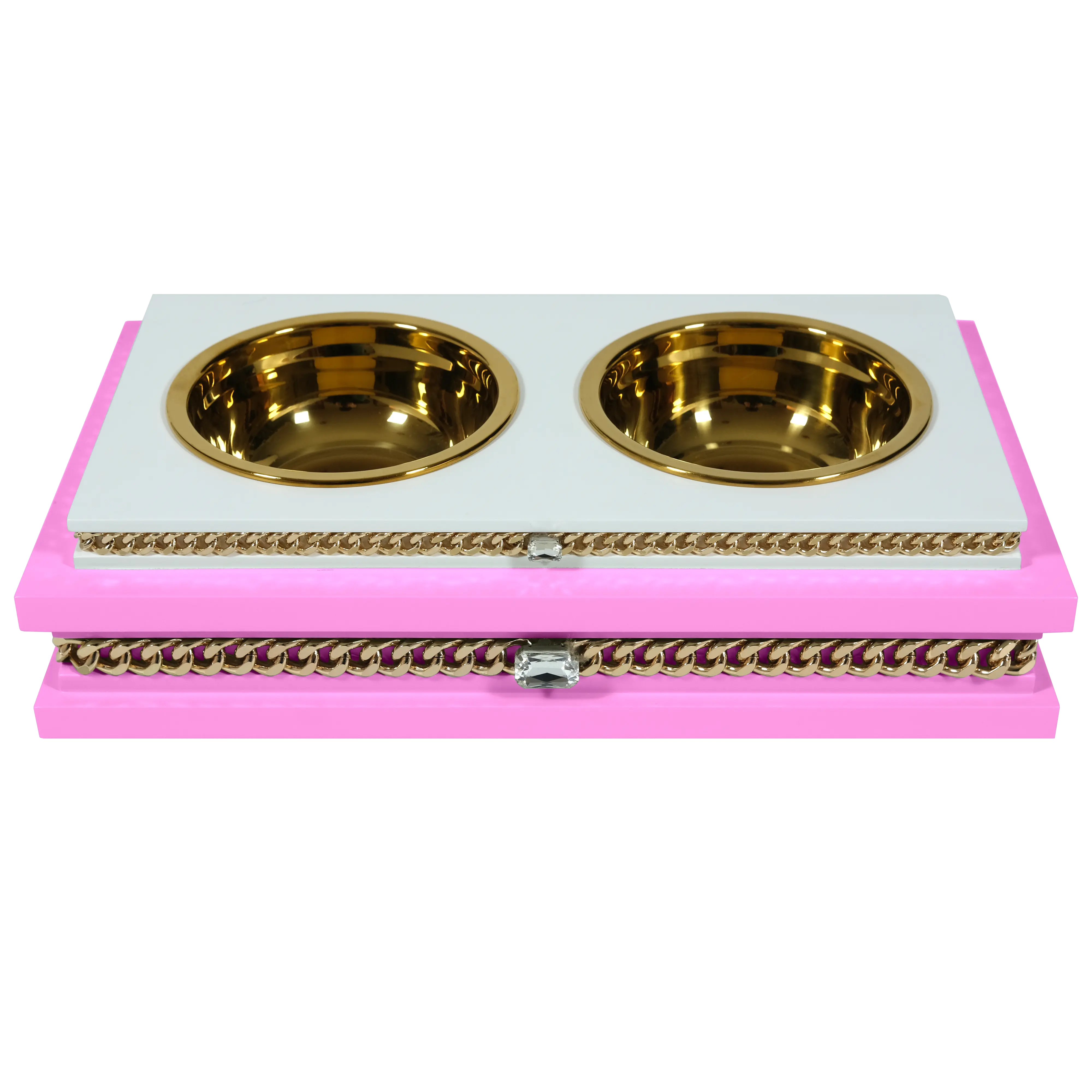 "Modern fashion FUROAR Sweetheart Double Diner, a luxury jewelry-grade pet food dining station with gold stainless steel bowls."