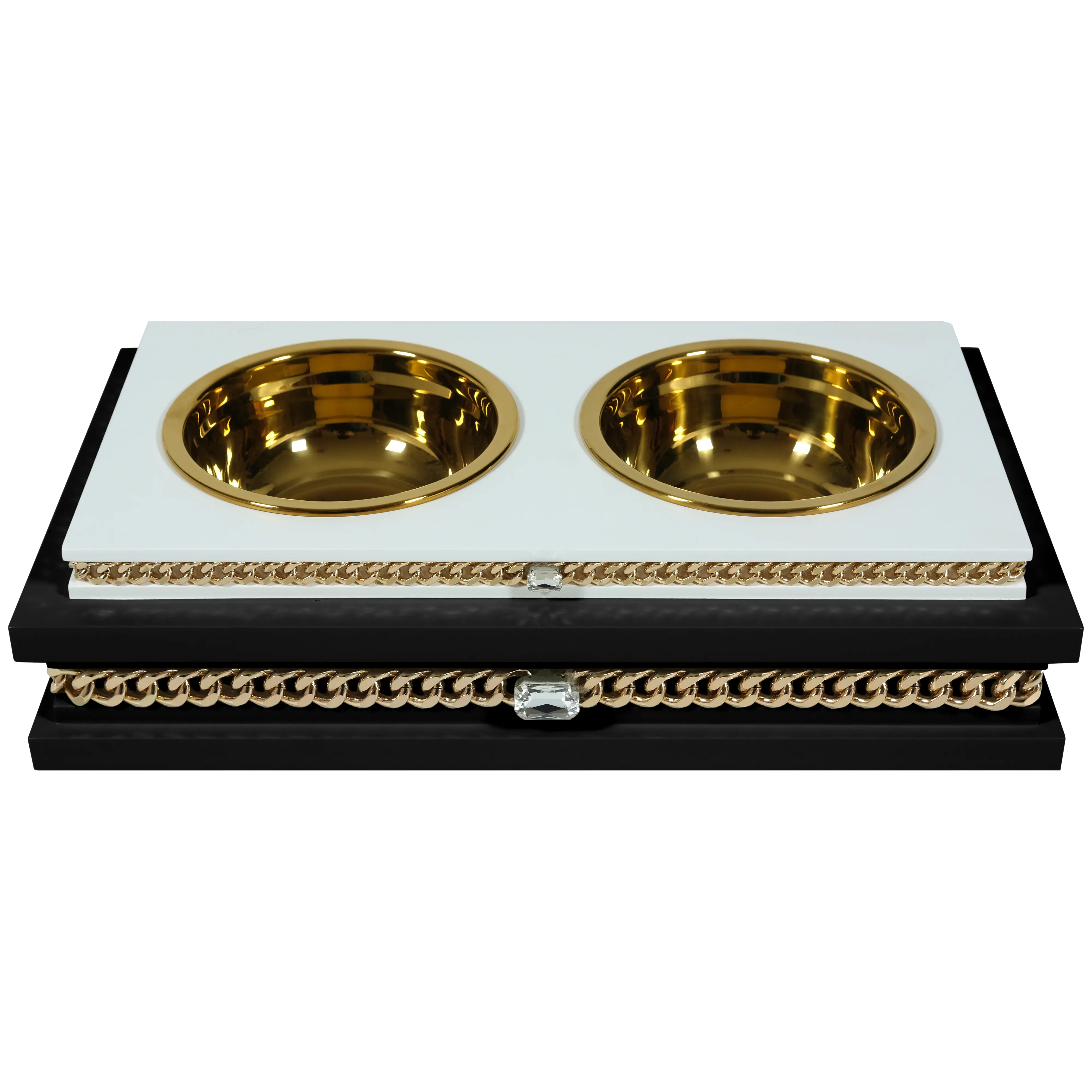 "Modern fashion FUROAR Spotty Double Diner, a luxury jewelry-grade pet food dining station with gold stainless steel bowls."