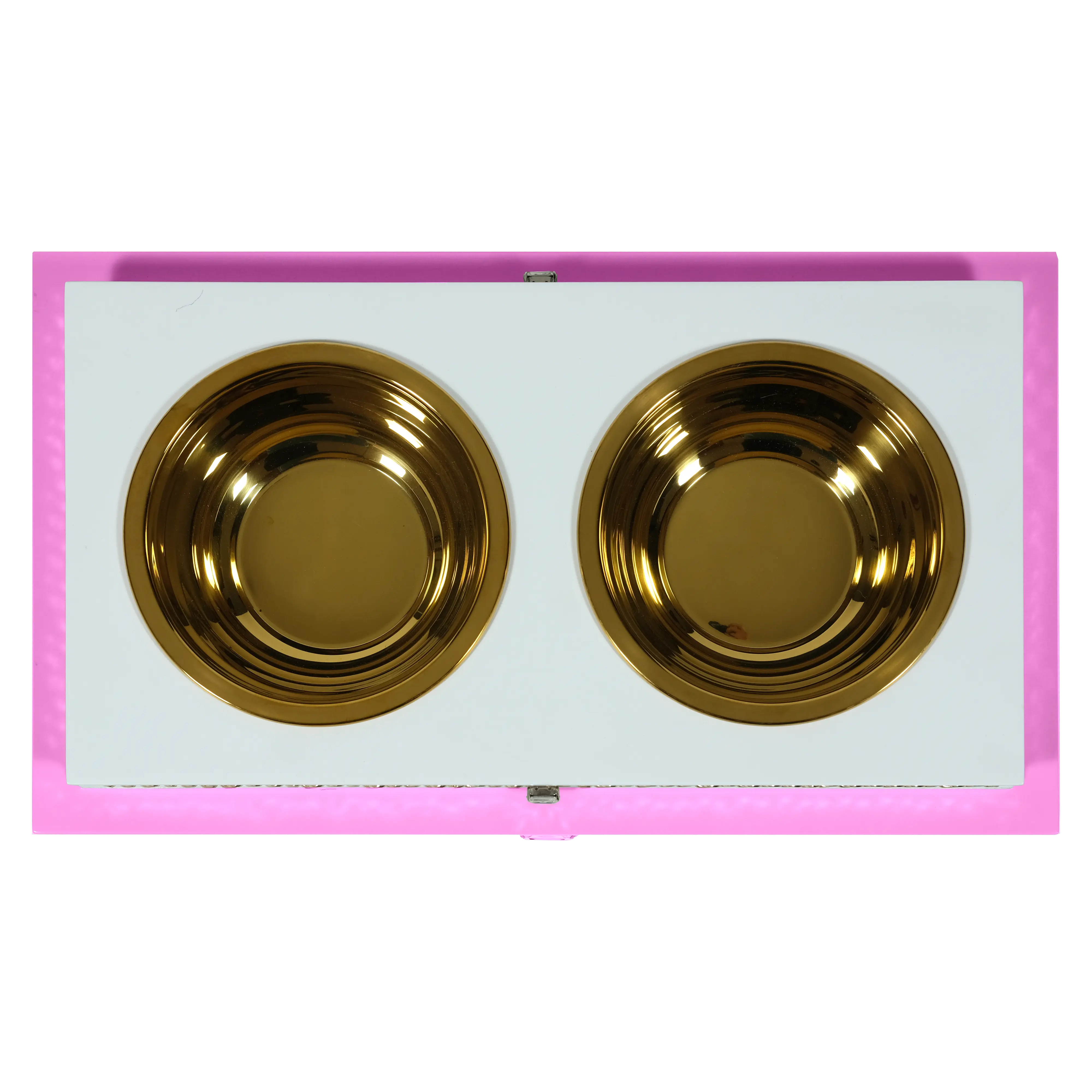 "Top view of the FUROAR Sweetheart Double Diner showcasing removable gold stainless steel bowls and a protective dual-layer system."