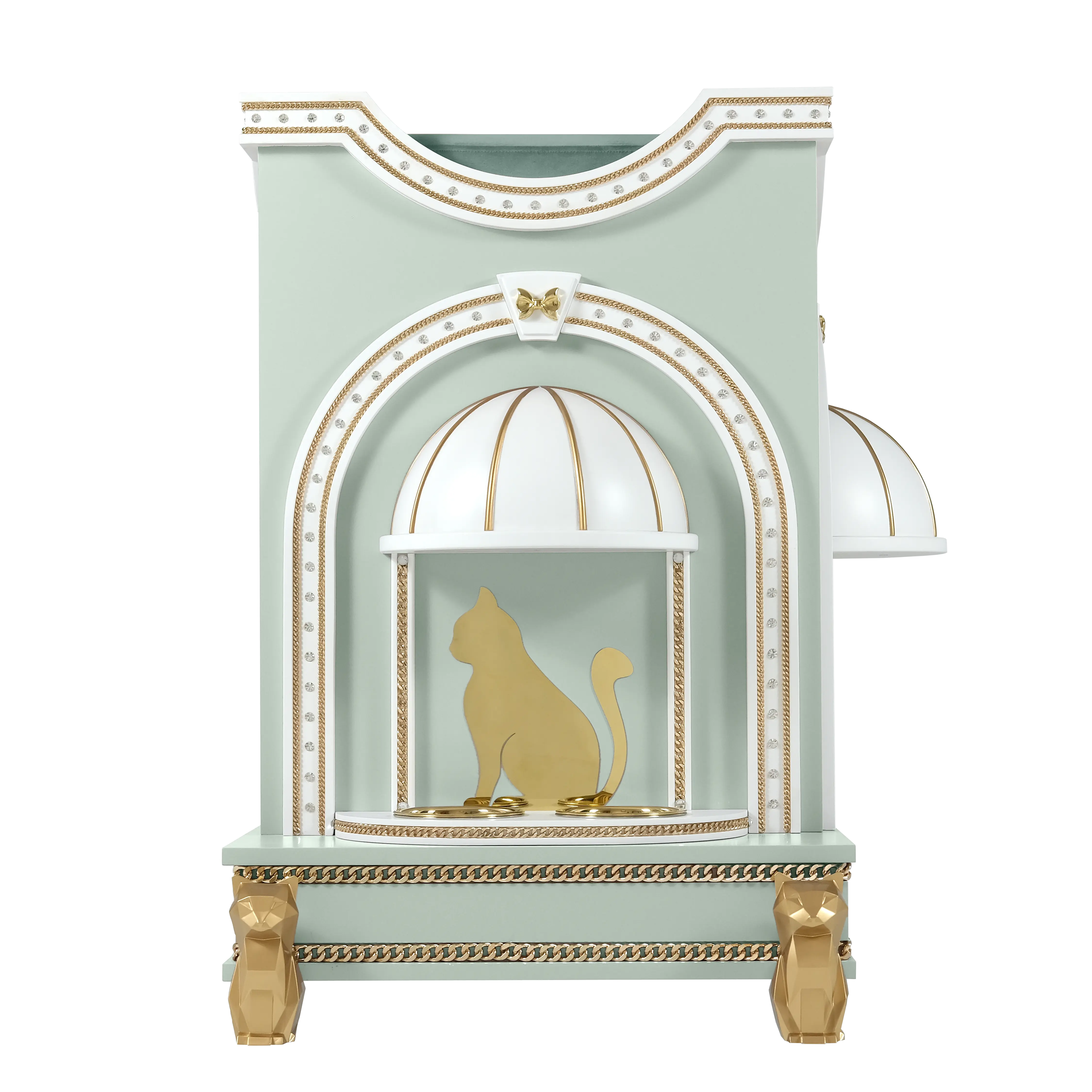 "The SUGAR cat house featuring an integrated feeding station, blending functional luxury into a bespoke architectural sanctuary."