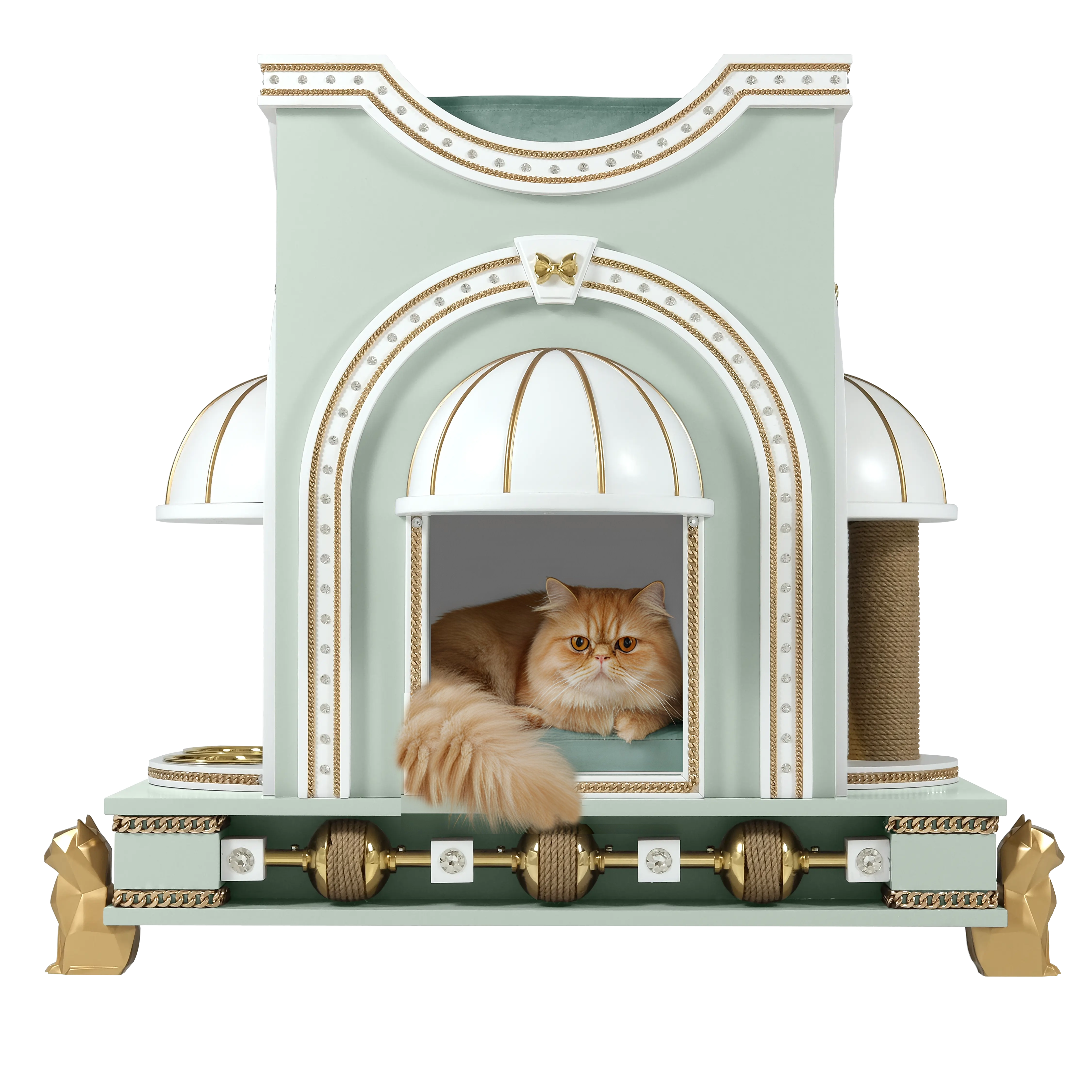 "A noble cat resting inside the SUGAR chic luxury cat house, a royal designer sanctuary blending refined modern elegance with a sweet architectural silhouette."