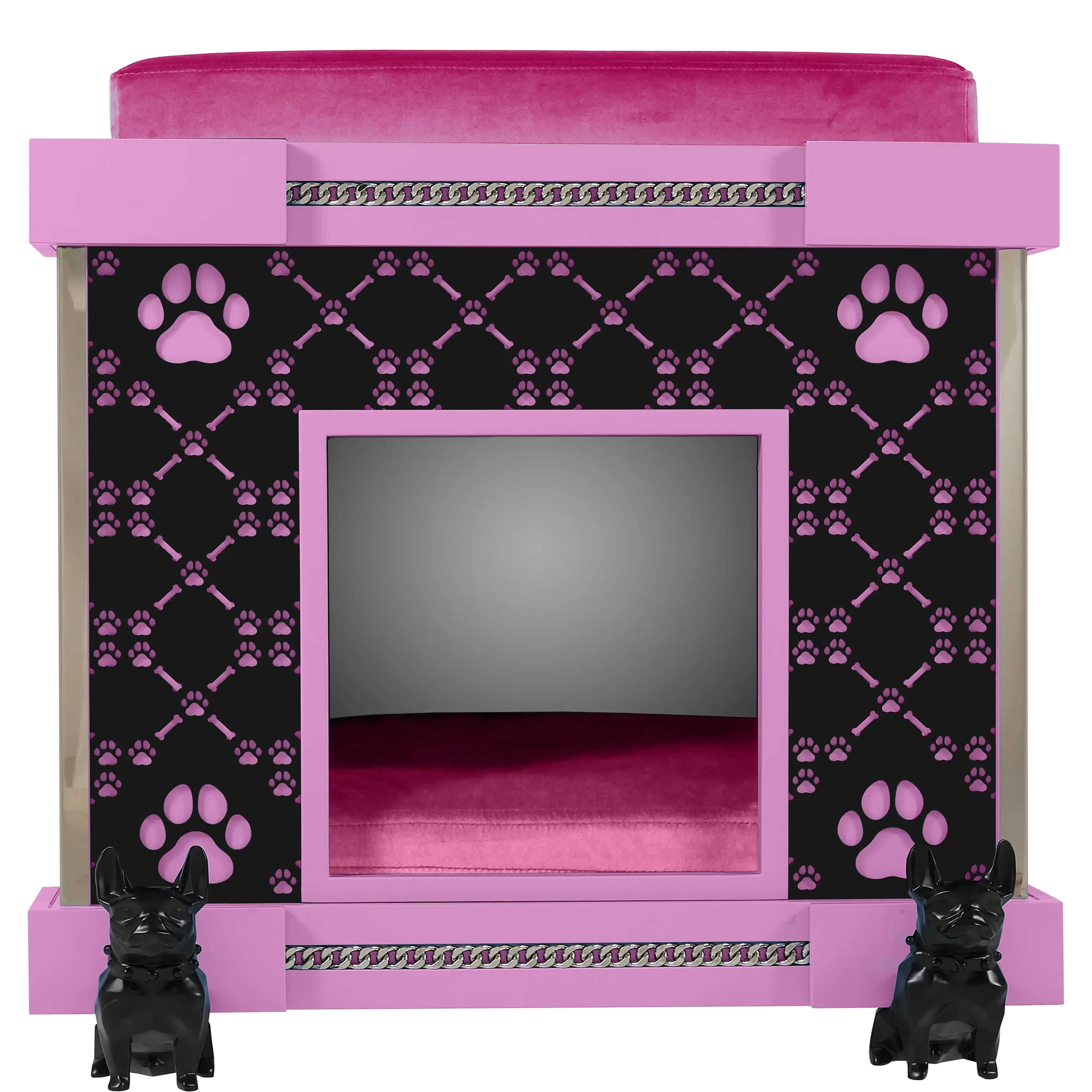 "Modern designer kennel facade for fashionable pets you love, featuring black French Bulldog casters and Royal Palace elegance."