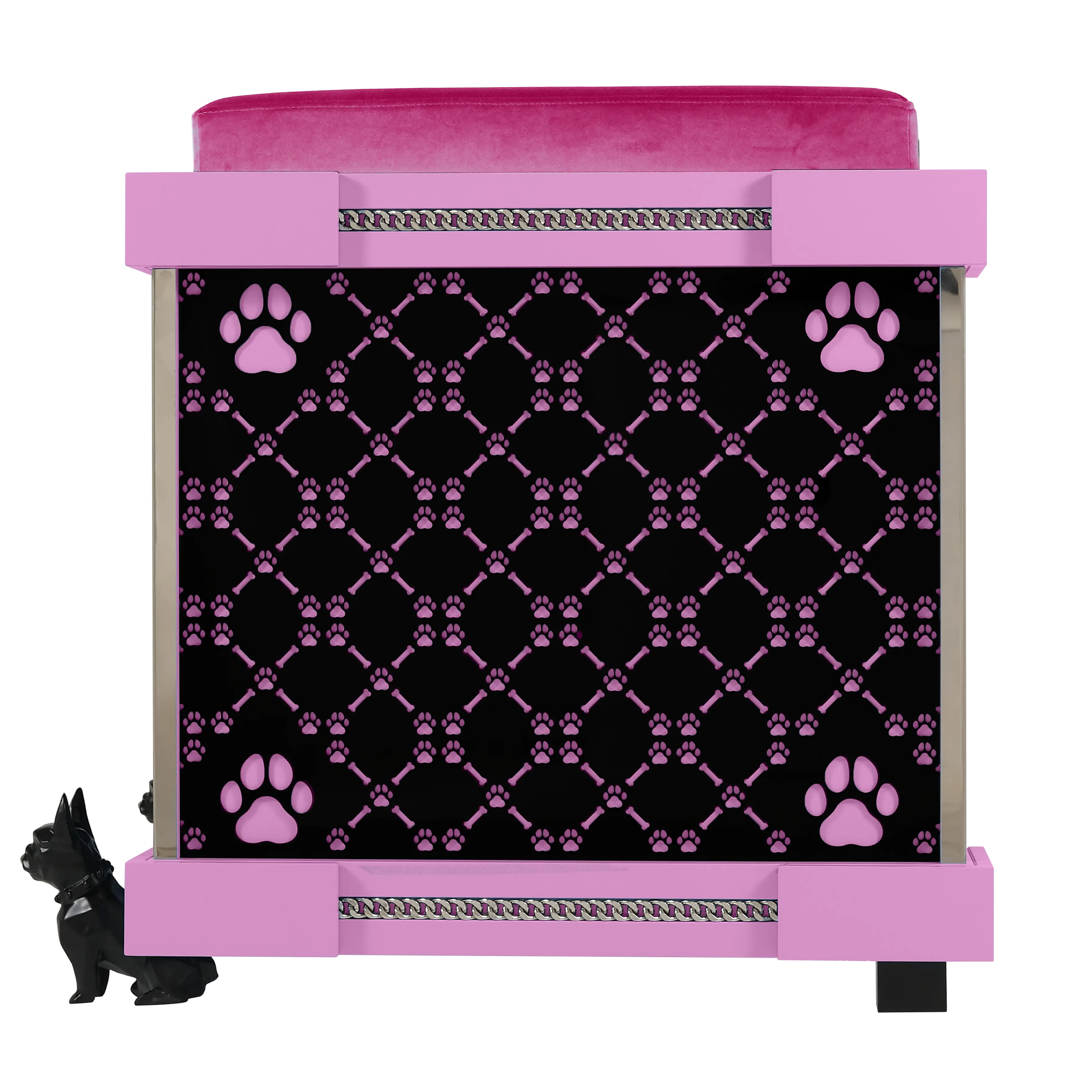 "Elevation view of the Rose puppy nursery showcasing the FUROAR signature laser-cut pattern on the acrylic walls."