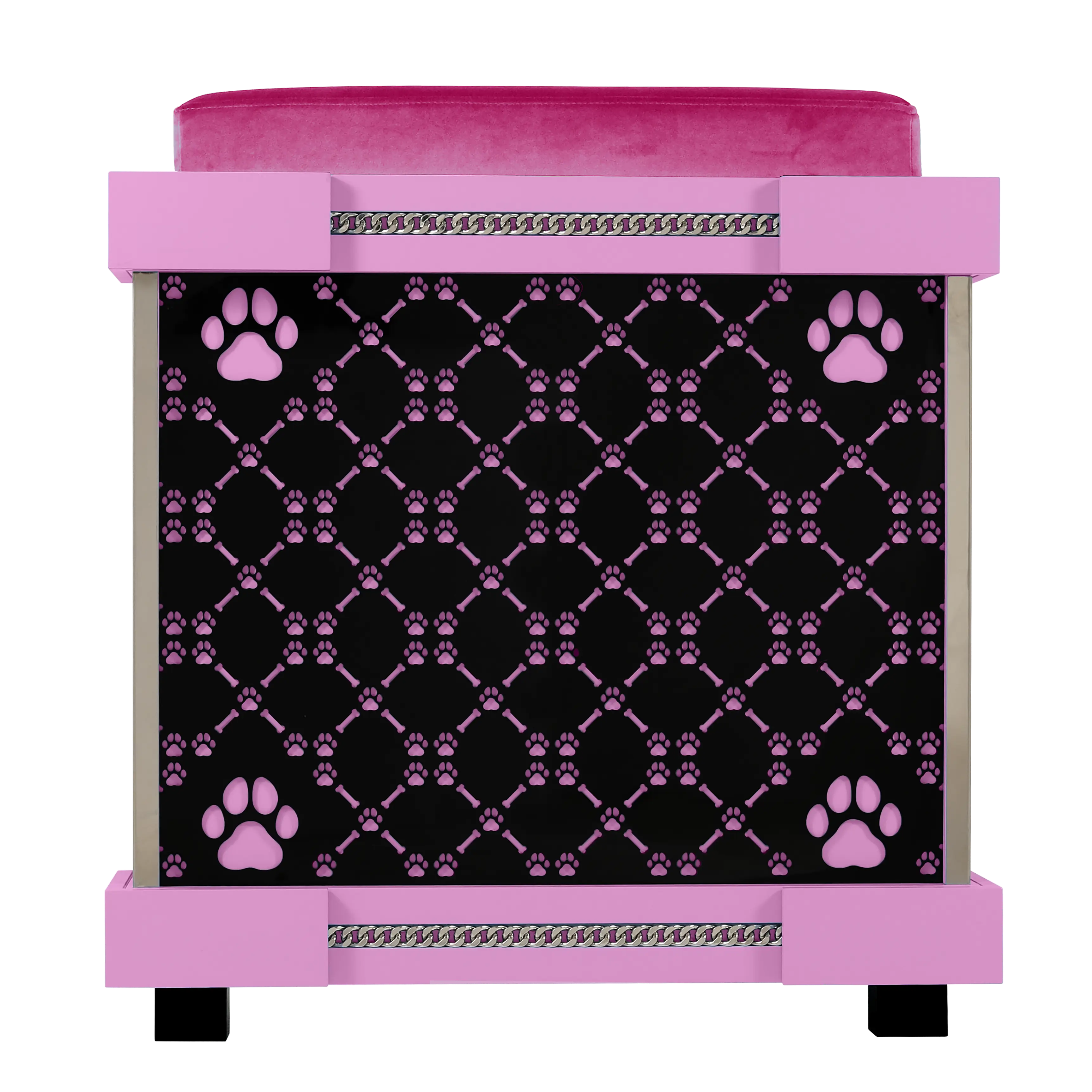 "Rear view of the Rose medium Sweetie Premier Executive dog suite showing the elegant patterned walls and finish."
