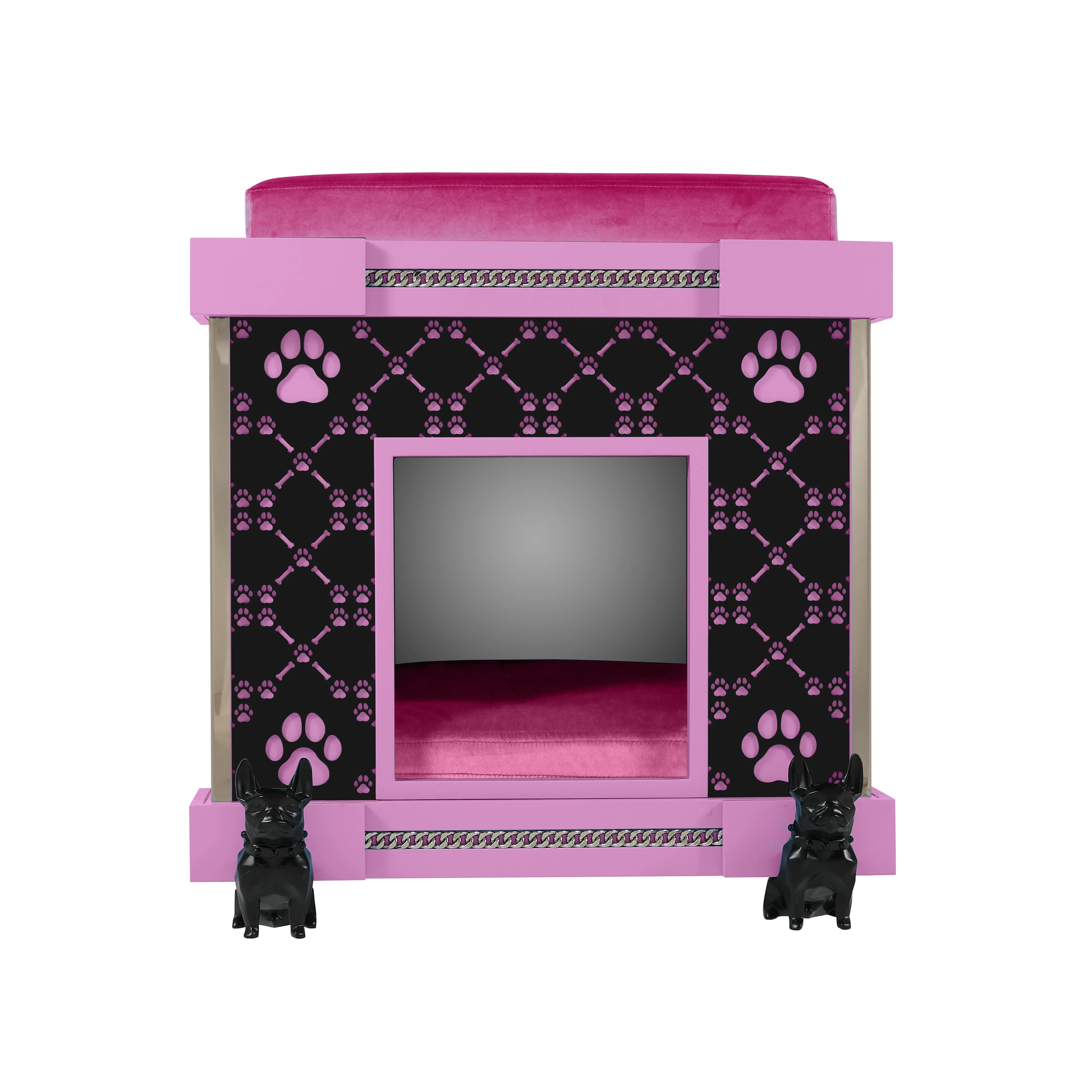 Designer high-gloss facade on the Sweetie puppy kennel house with polished bulldog casters.