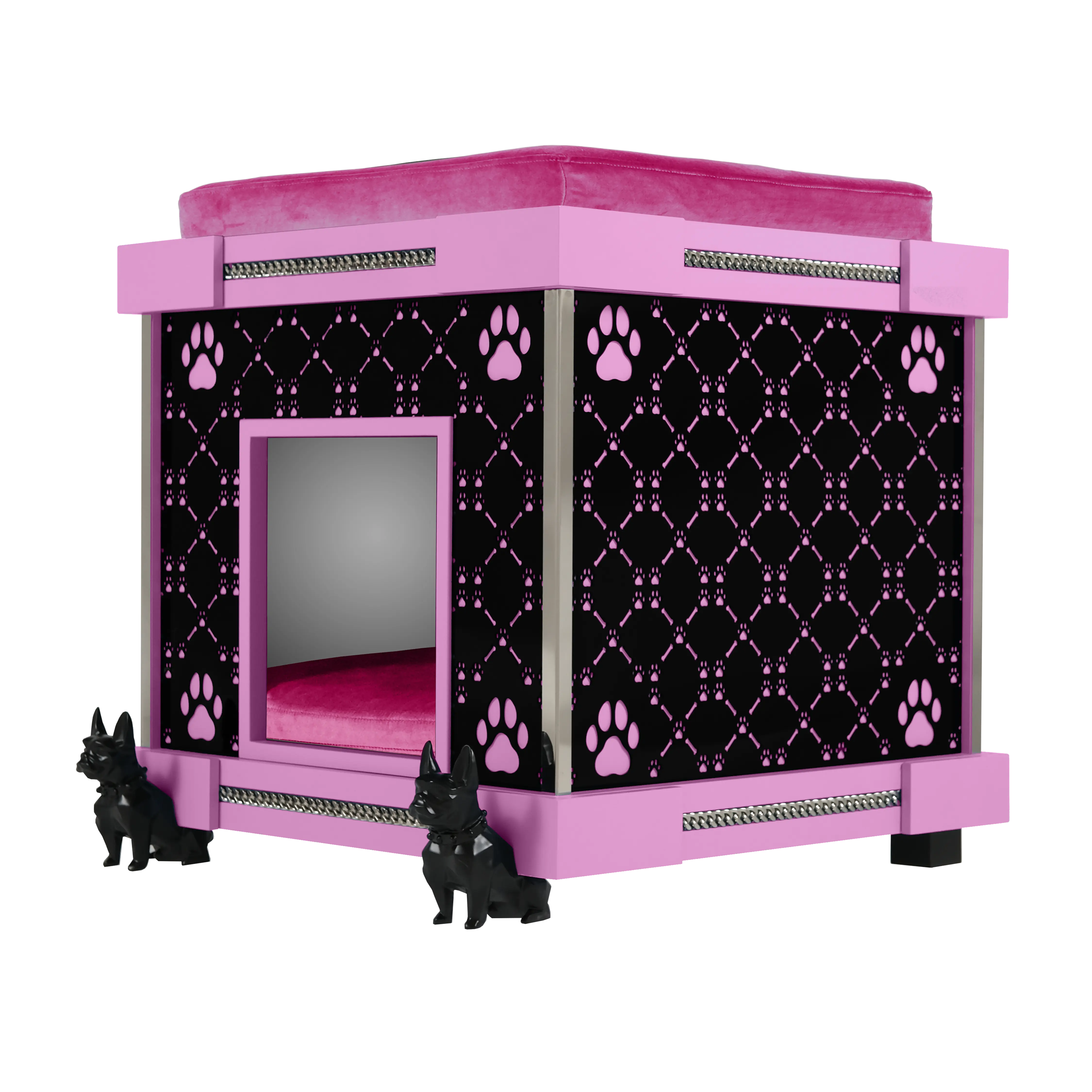 Puppy nursery interior featuring a bespoke velvet bed and modern glam rooftop cushion.