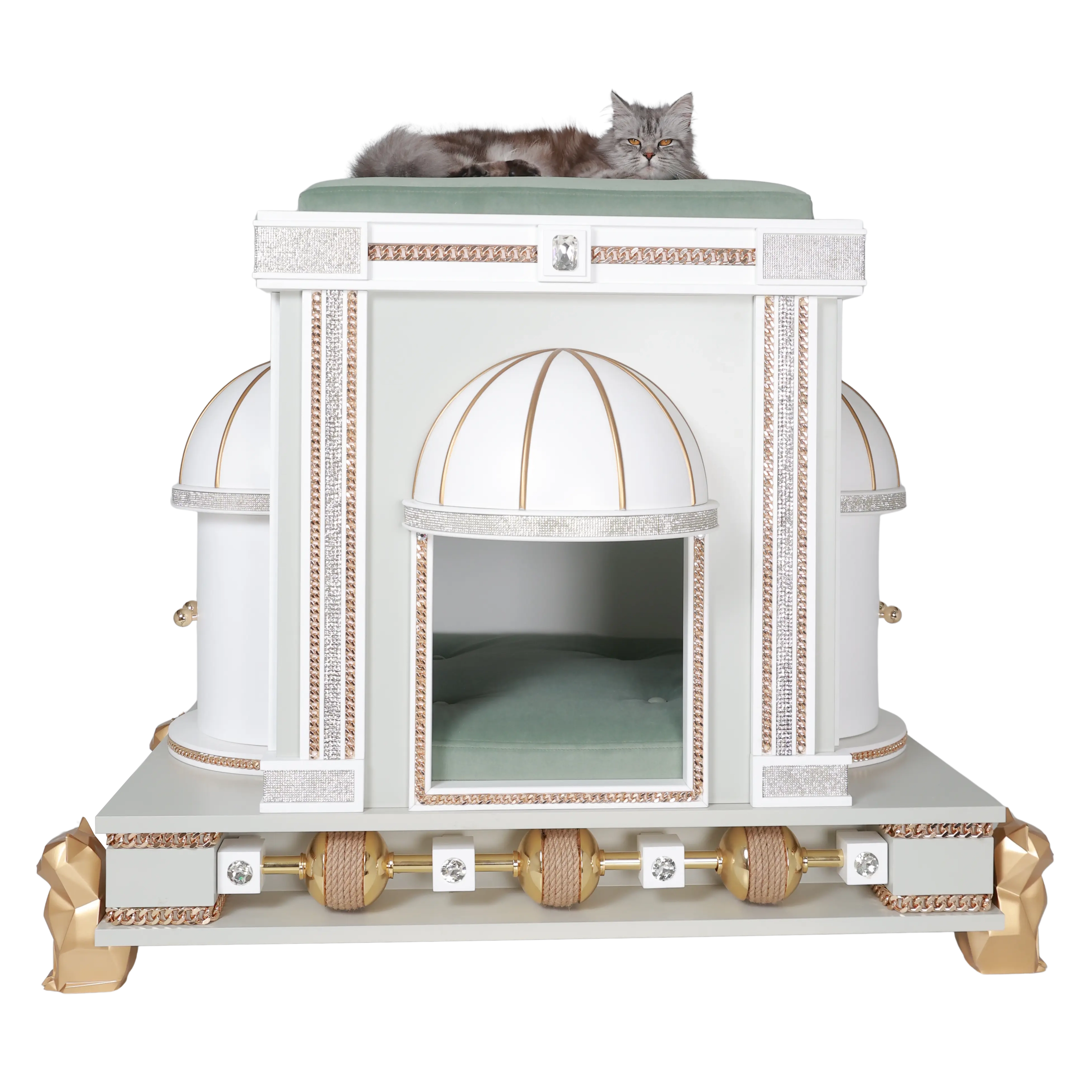 "Front view of the TAYLOR luxury modern designer pet palace, a royal sanctuary blending refined modern elegance with a grand architectural silhouette."