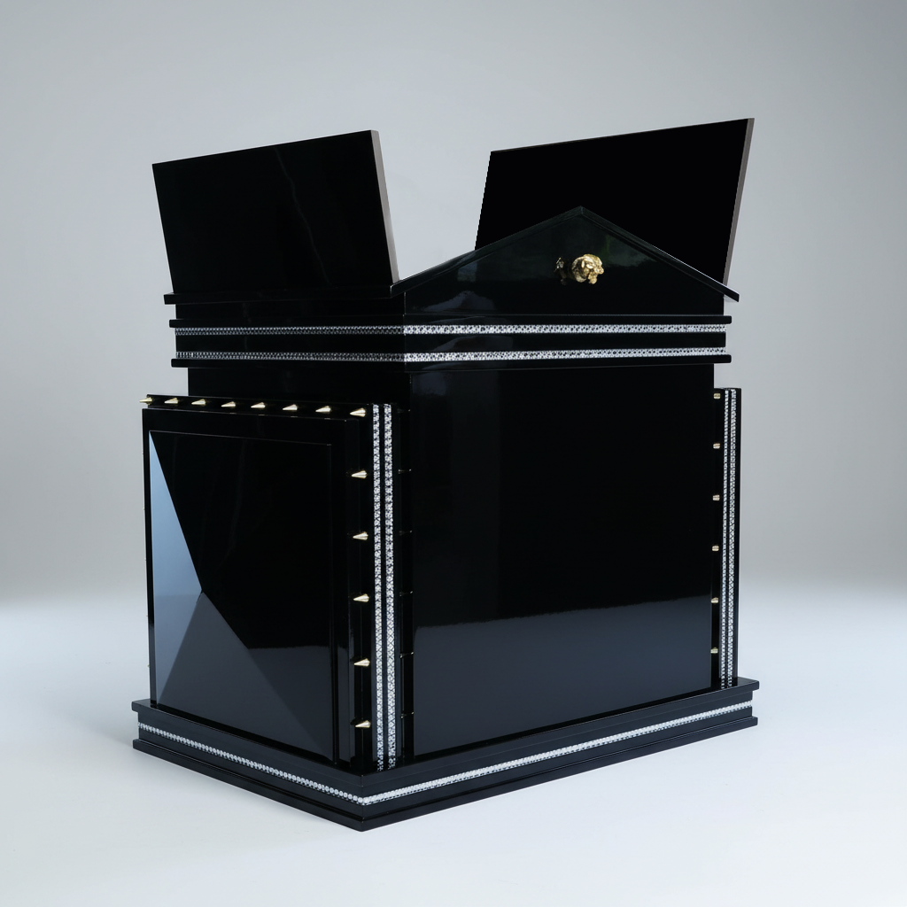 Grand piano black hidden roof closet open on an ultra sleek large breed dog kennel house.