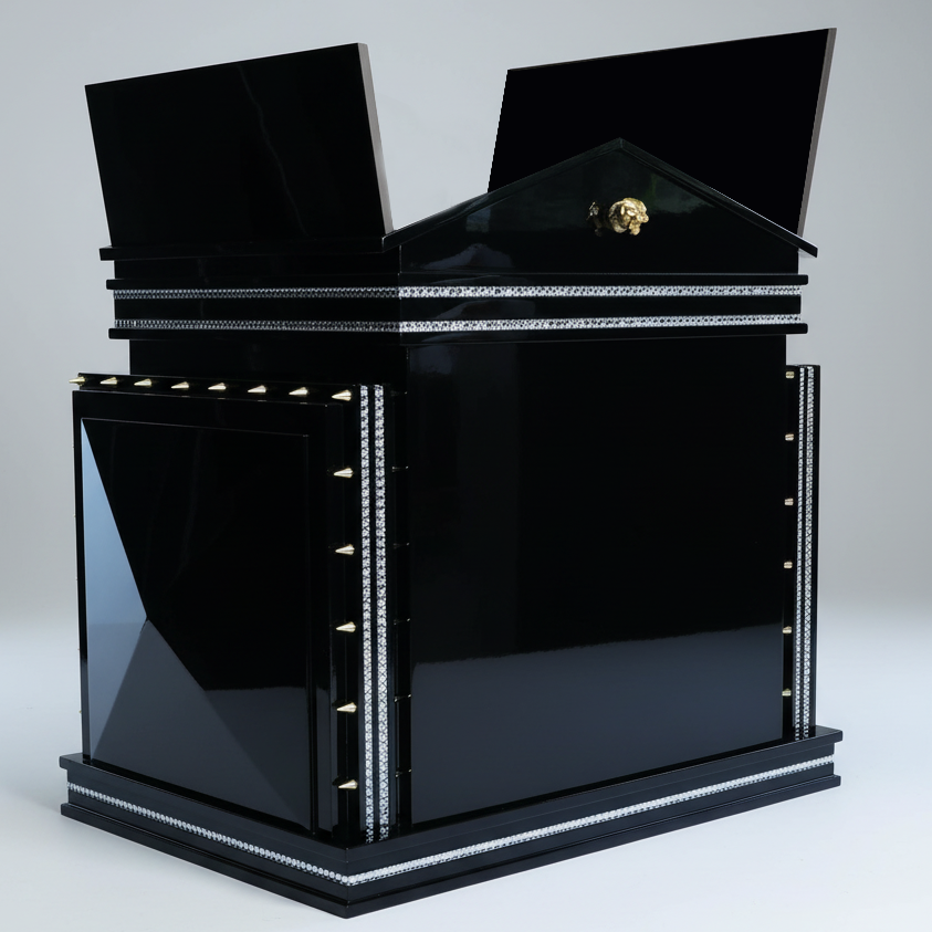 Piano black hidden roof closet open on an ultra sleek medium breed dog kennel house.