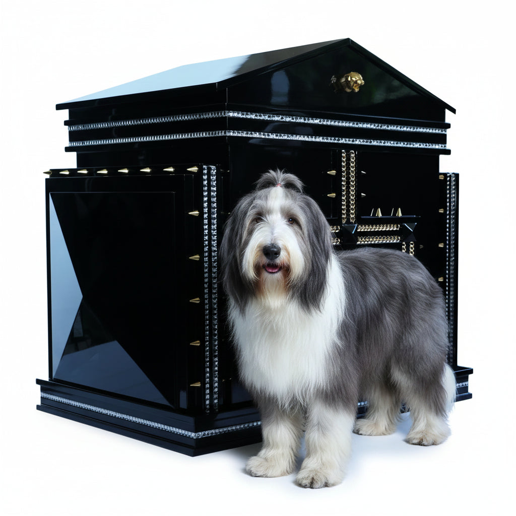 Pyramid structure with a satin velvet cushion inside the Beverly Hills Medium dog house.