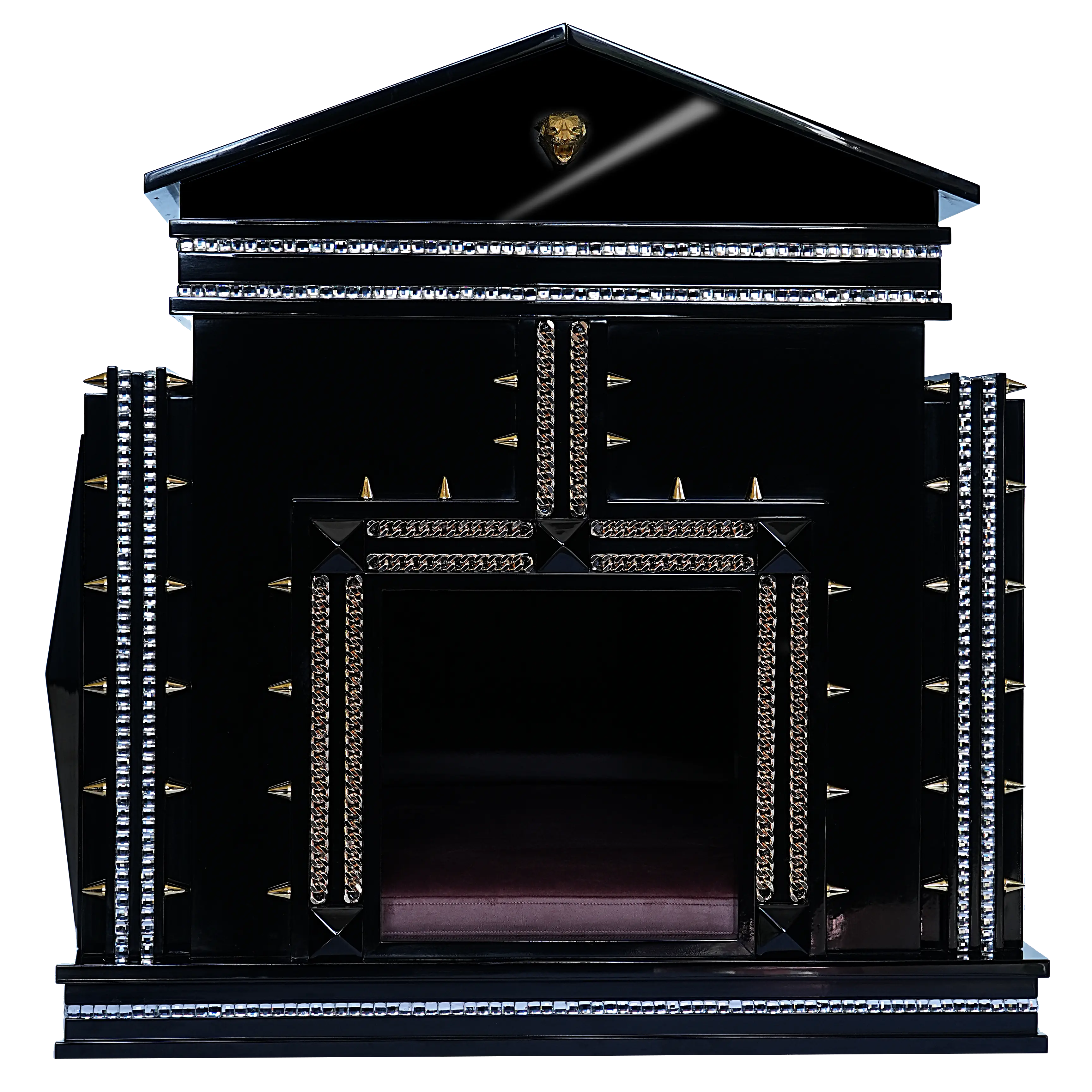 Piano gloss facade with 24k gold studs and diamonds on an indoor dog kennel house.