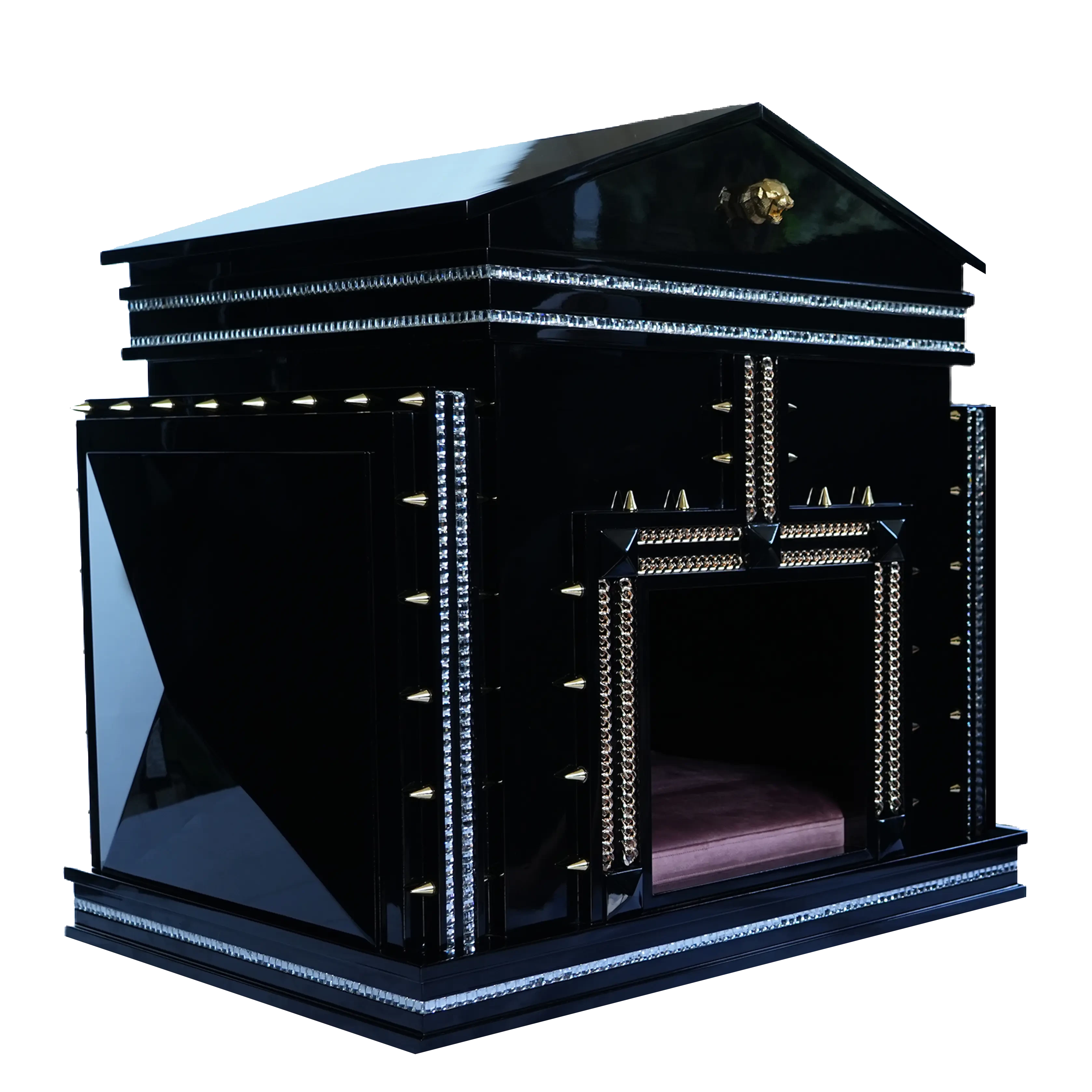 Pyramid structure with a satin velvet cushion inside the Beverly Hills dog kennel house.