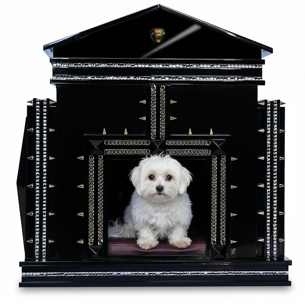 The Beverly Hills Small indoor dog kennel house in a piano black rockstar finish.