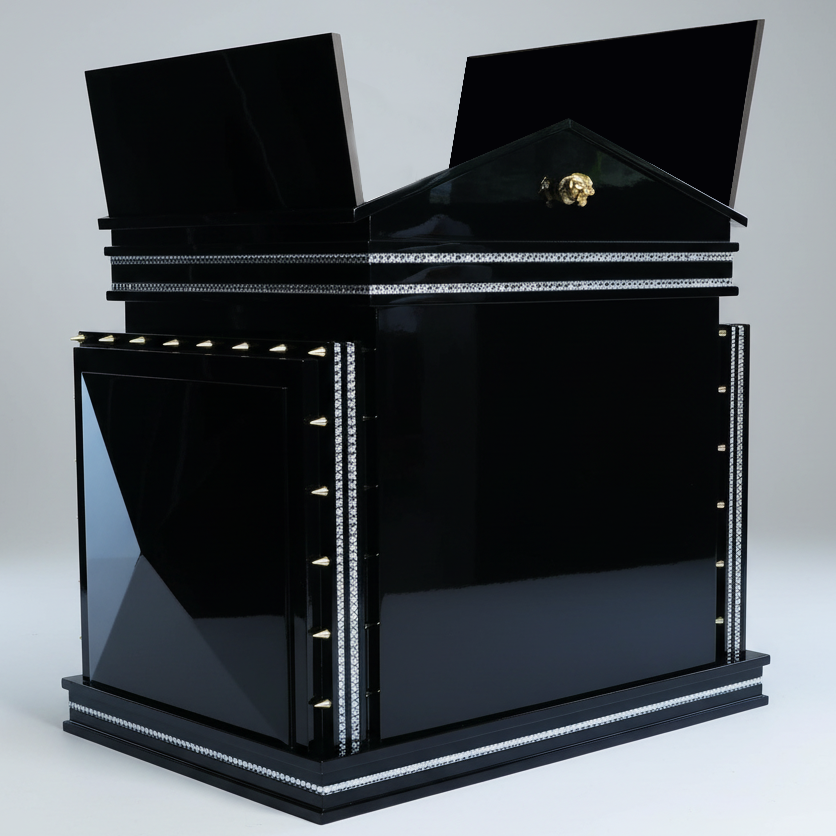 Giant piano black hidden roof closet open on an extra-large indoor dog kennel house.