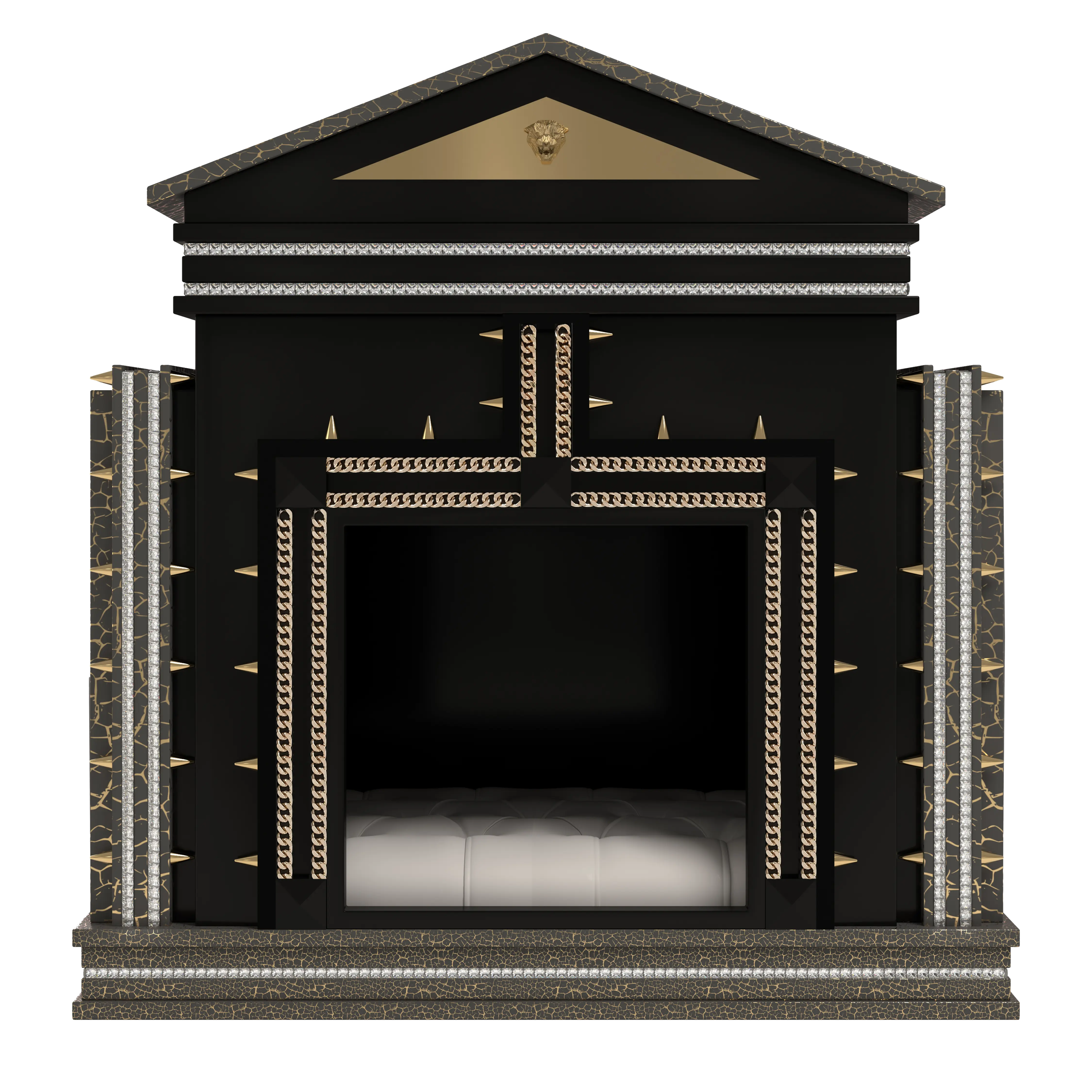 24k gold studded crystal facade and golden chains on The Hollywood Medium dog kennel house.